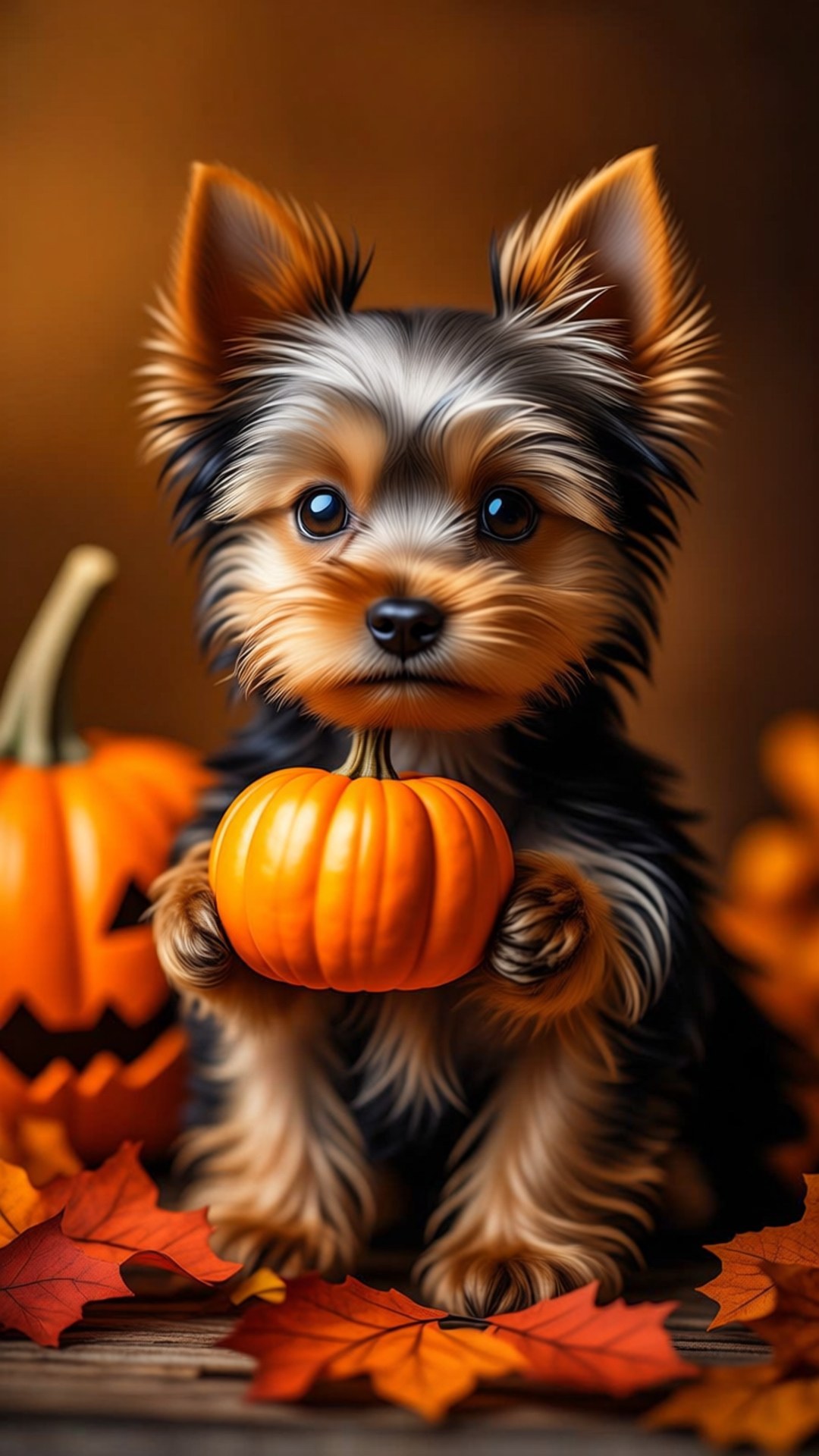 Pumpkin Patch Puppy 壁紙 — 一隻毛茸茸的約克夏㹴幼犬拿著一個小橙色南瓜，周圍有秋葉和南瓜燈籠。