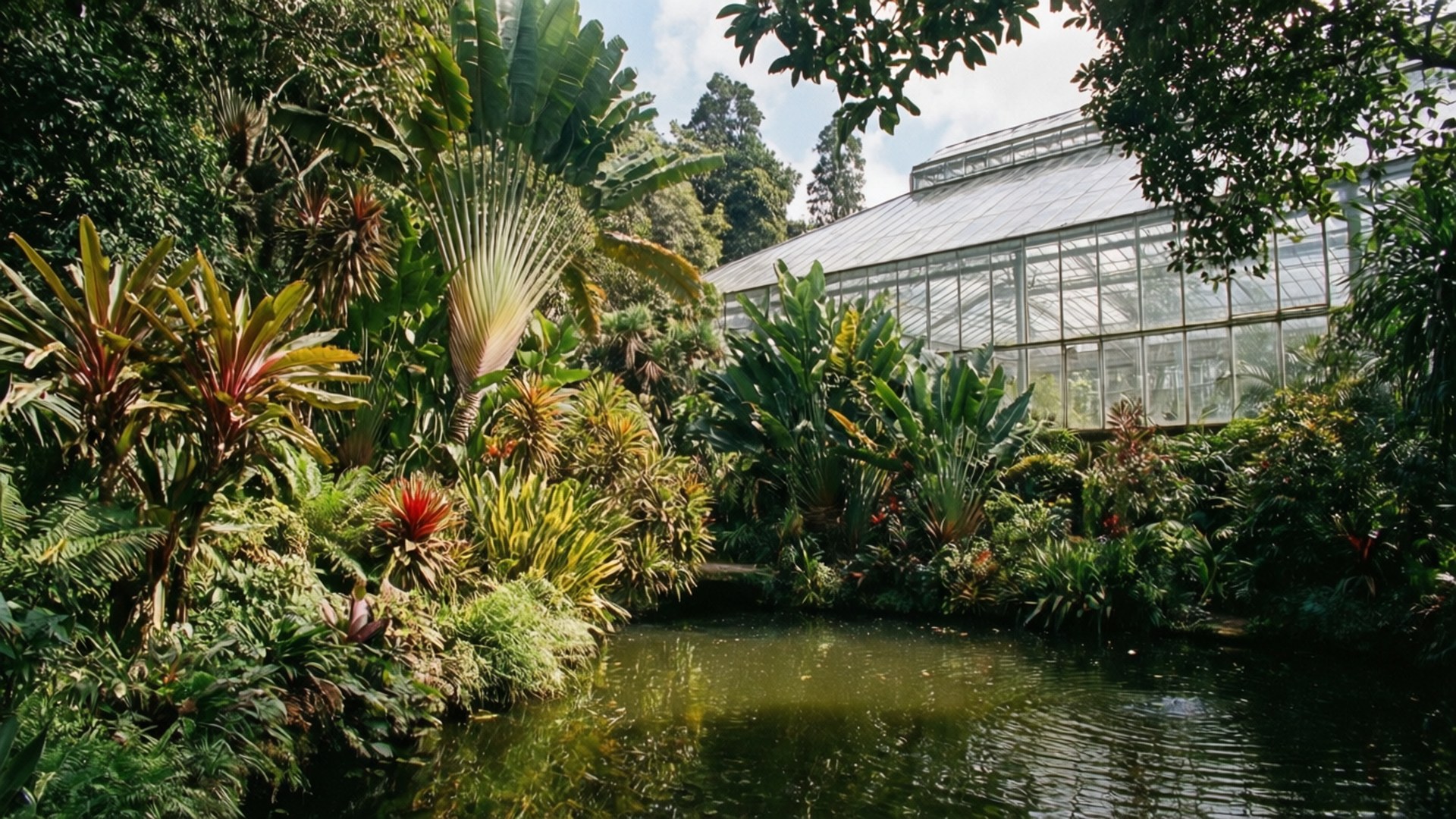Bogota Botanical Garden 壁紙 — 茂盛的熱帶植物環繞著玻璃溫室下平靜的池塘，樹木框住了場景。