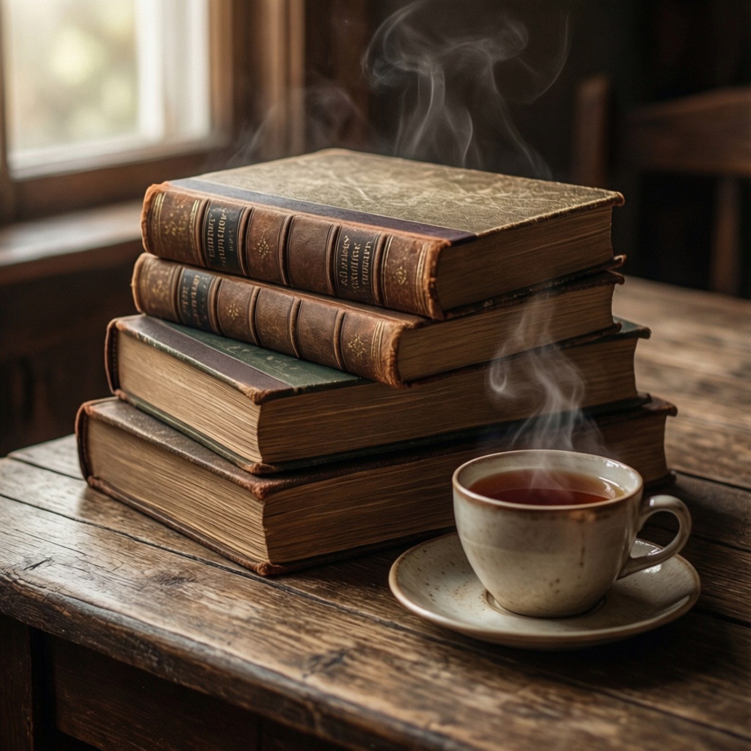 Tea and Books 壁紙 — 一杯冒煙的茶放在窗邊的鄉村風格木桌上，旁邊是一堆復古皮革裝訂的書籍。