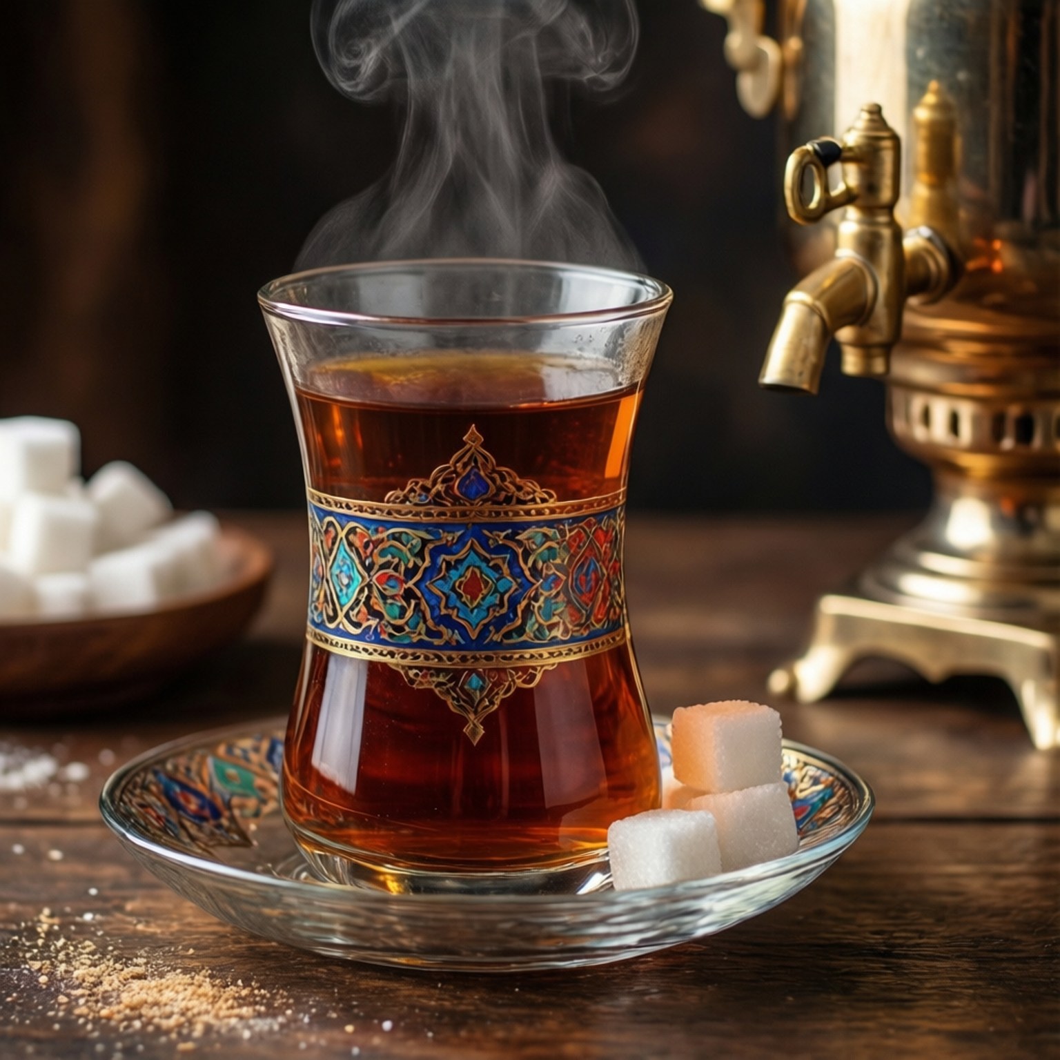 Persian Tea Time 壁紙 — 一杯冒著蒸氣的琥珀色濃茶，盛載於華麗圖案的杯子中，放在相配的碟子上，旁邊有方糖和黃銅茶炊，置於質樸的木桌上。
