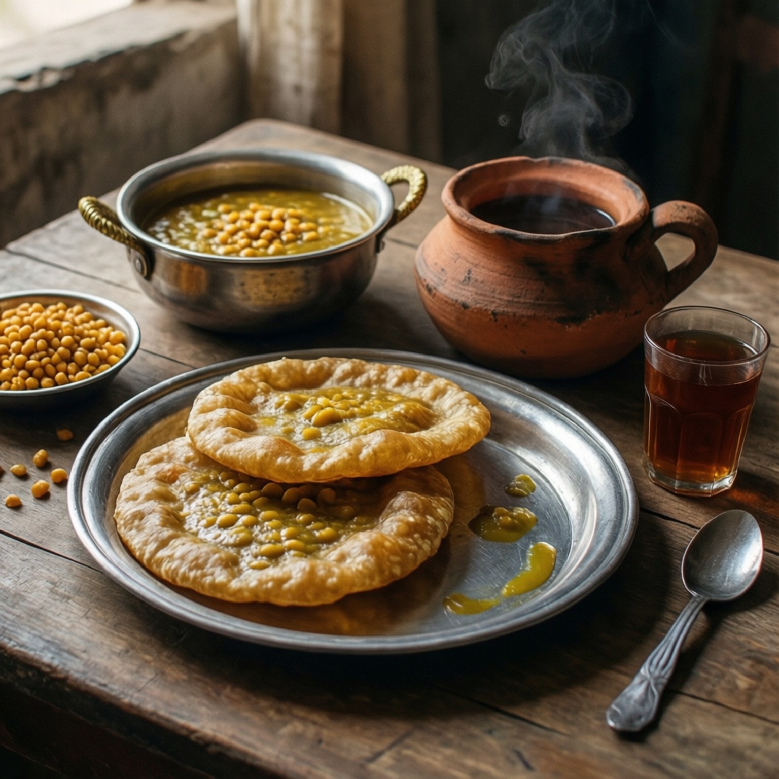 Lahori Halwa Puri Breakfast 壁紙 — 冒煙的鷹嘴豆咖哩和金黃炸麵包，放在質樸的木桌上，配以陶罐和一杯茶。
