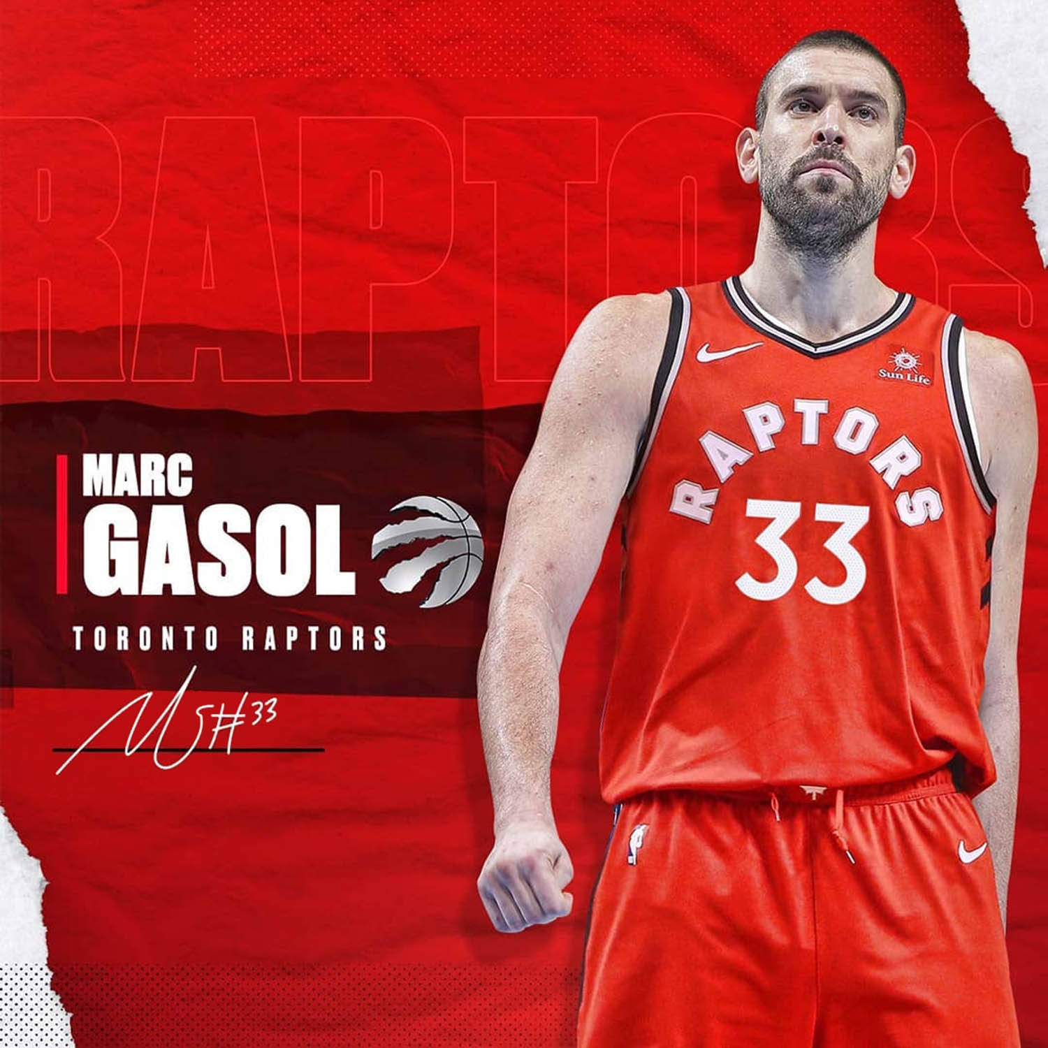 Marc Gasol 桌布 壁紙 — Marc Gasol 身穿多倫多暴龍隊紅色球衣，自信地站在帶有球隊品牌標誌的醒目紅色紋理背景前。