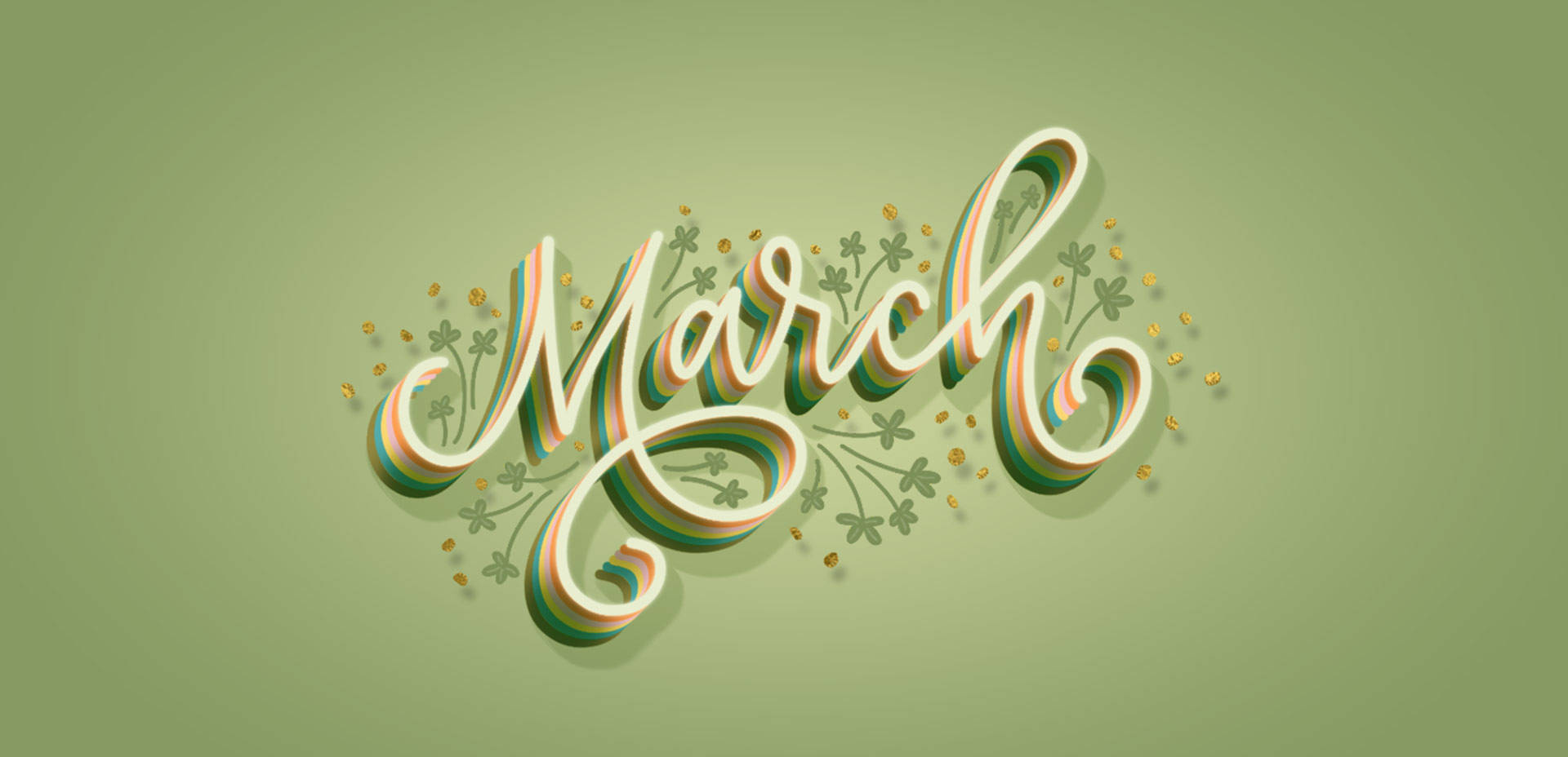 March 桌布 壁紙 — 「March」一詞以優雅的3D書法呈現，帶有綠色和金色點綴，背景為柔和的橄欖色。