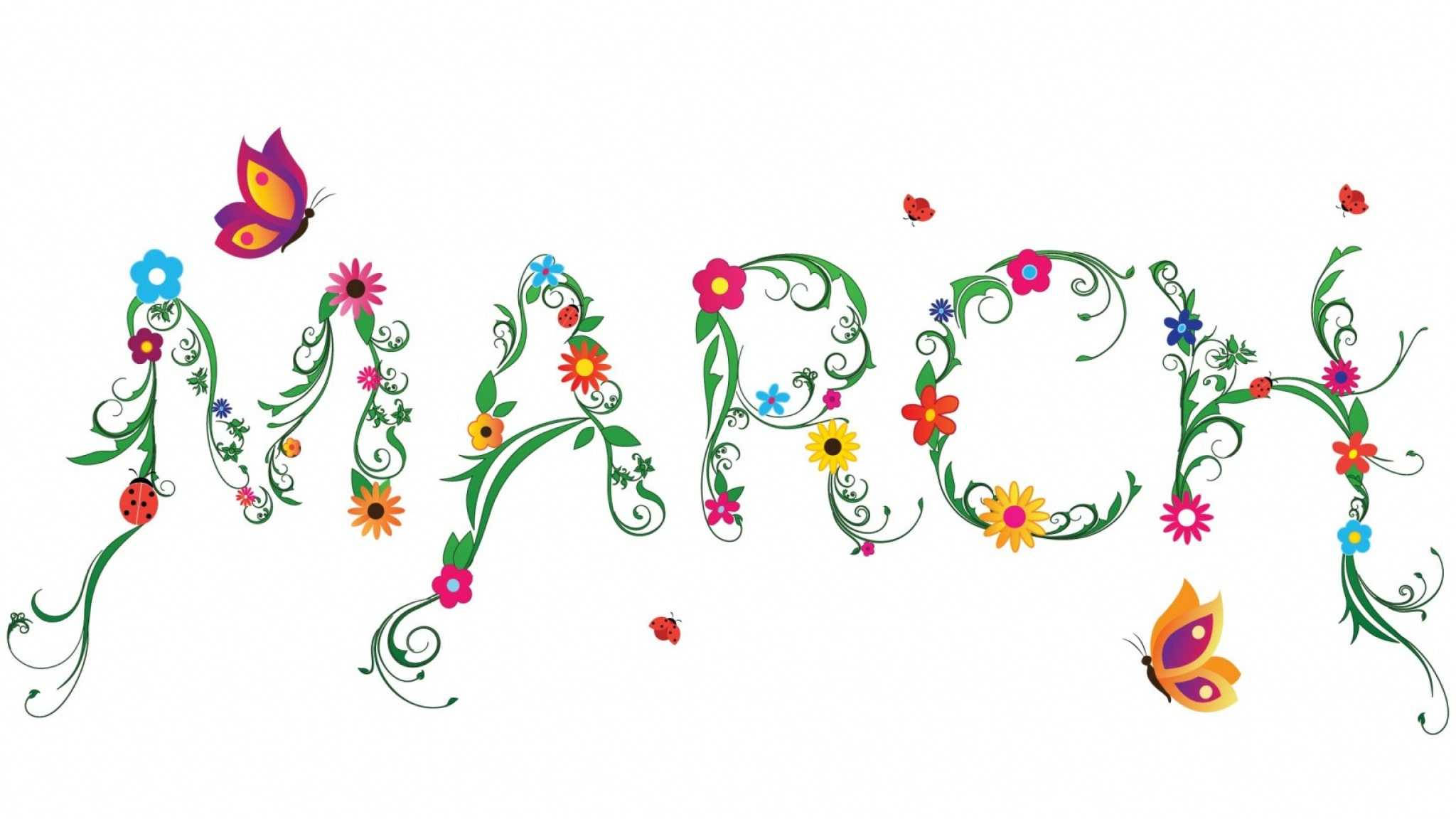 March 桌布 壁紙 — 「March」這個字由鮮豔的花朵、藤蔓、瓢蟲和蝴蝶組成，是一個愉快的春天設計。