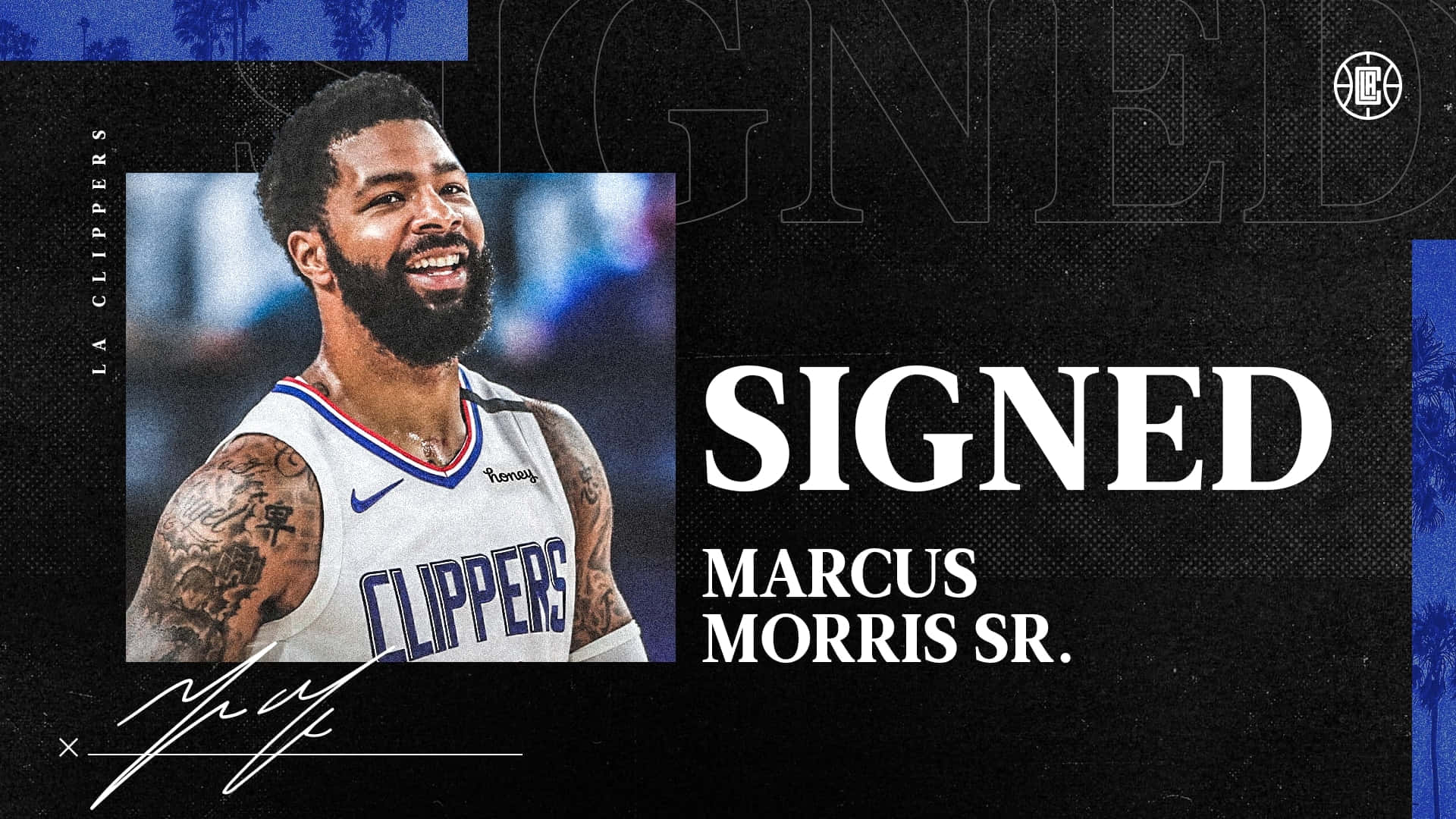 Marcus Morris Sr. 身穿LA快艇隊球衣，帶有「SIGNED」公告圖形。 — NBA 壁紙