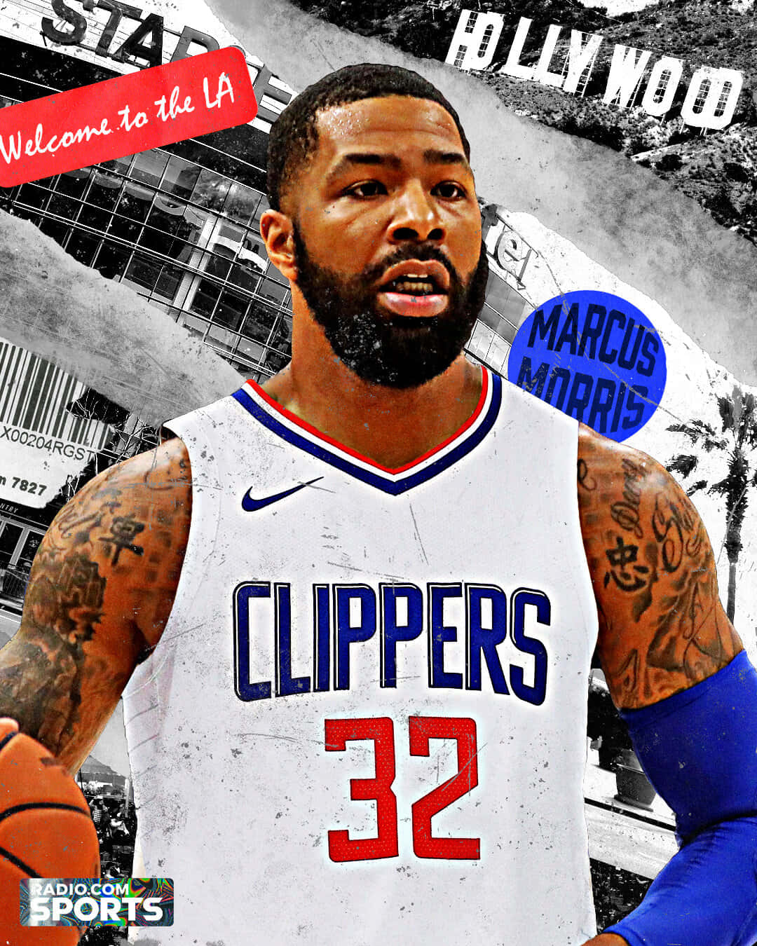 籃球運動員 Marcus Morris 身穿快艇隊球衣，手持籃球，背景是好萊塢街頭拼貼畫。 — Jordan clarkson 壁紙