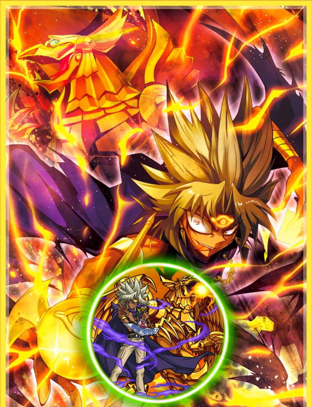 Marik Ishtar 手持千年神器 壁紙 — 一位火熱的動漫戰士，擁有尖刺金髮和發光的眼睛，在爆炸性的橙色和紫色能量中與一條金龍戰鬥。