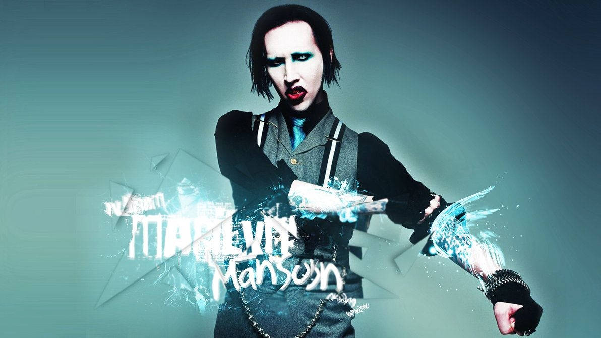 哥德式動圖 桌布 壁紙 — Marilyn Manson 身穿深色服裝，雙手發出藍色發光能量，背景為青綠色漸變。