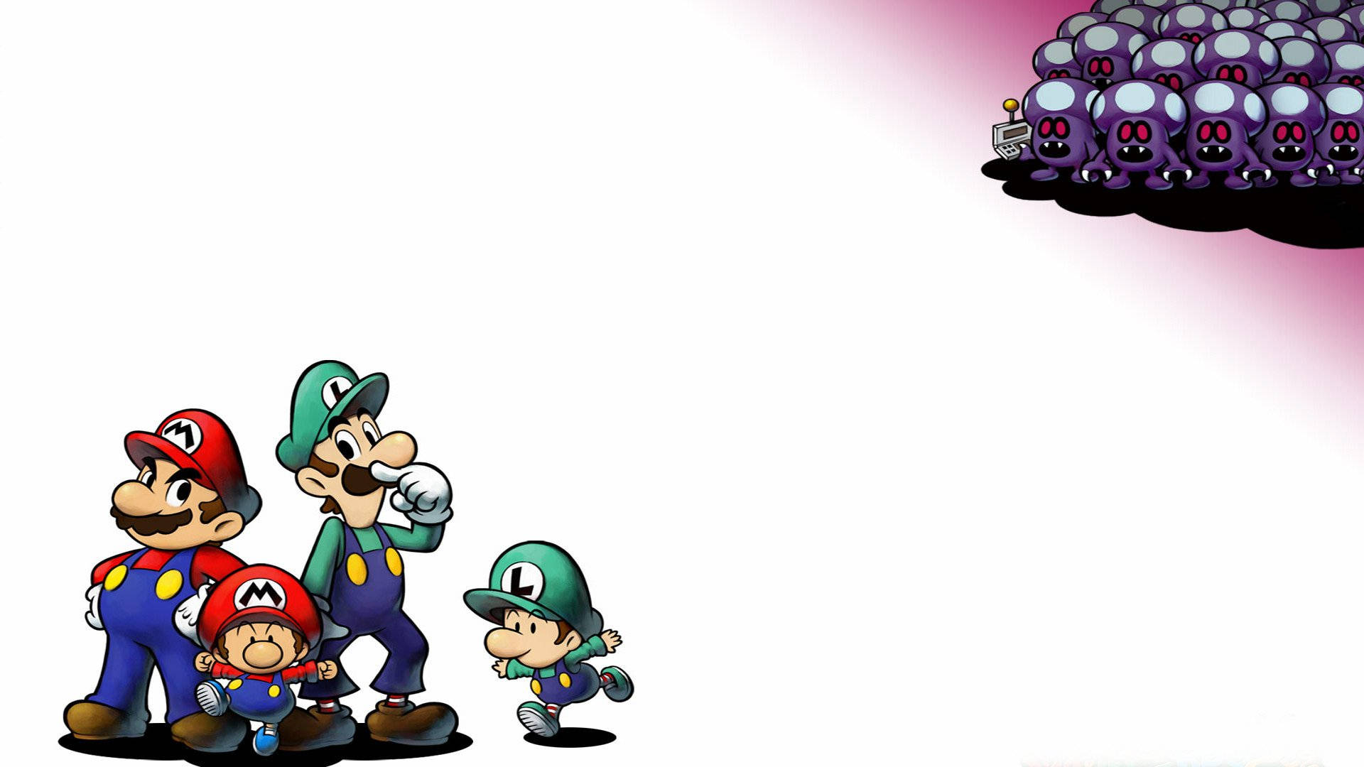 Mario And Luigi 桌布 壁紙 — Mario Luigi 和他們的孩子在粉紅色的天空下面對一群紫色的Goombas。