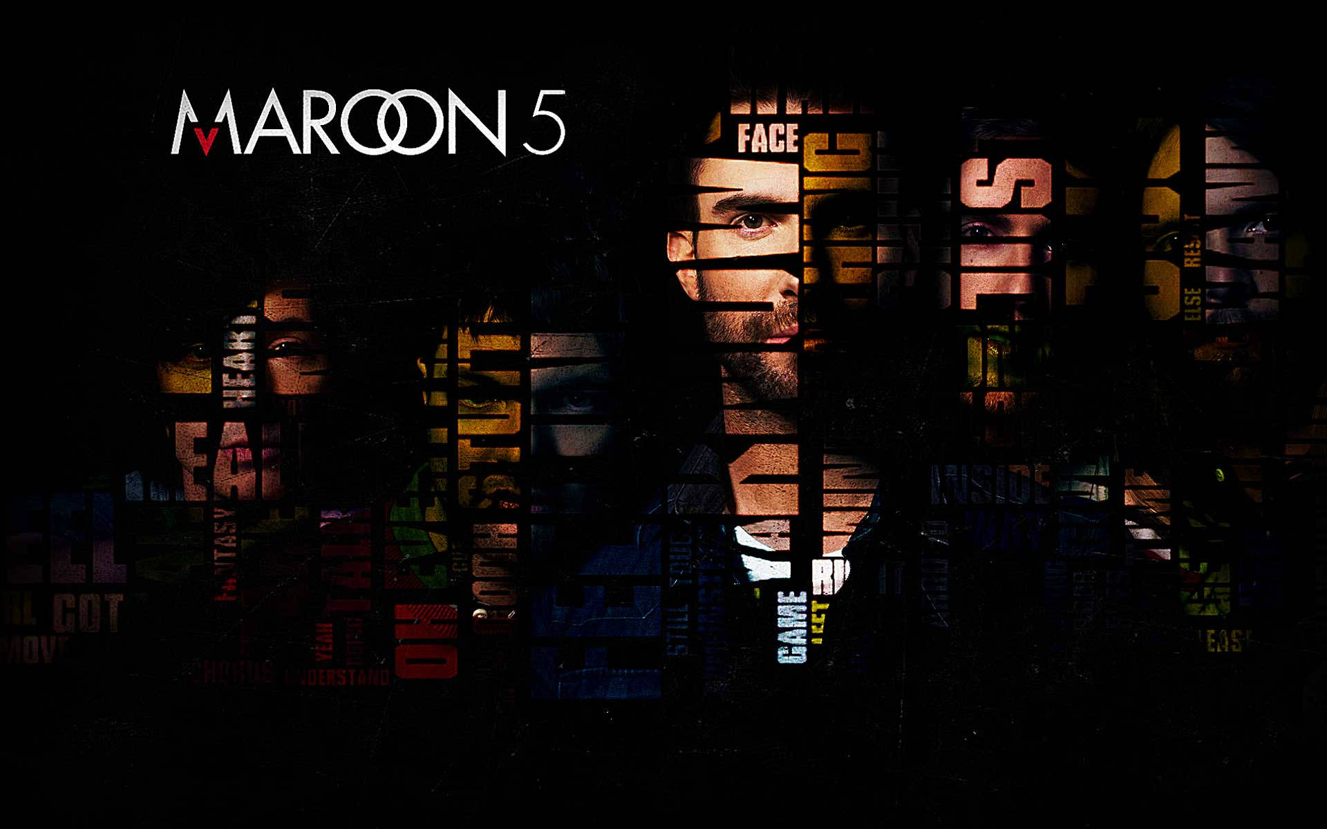 標誌 桌布 壁紙 — Maroon 5 的 Adam Levine 的黑暗風格肖像，通過彩色文字疊加和網格線碎片化。