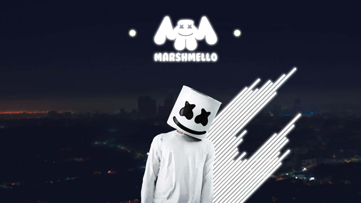 Marshmello 動態圖 桌布 壁紙 — Marshmello 在夜晚的城市景觀頂端，戴著他標誌性的白色頭盔，發光的白色光束劃破黑暗的天空。