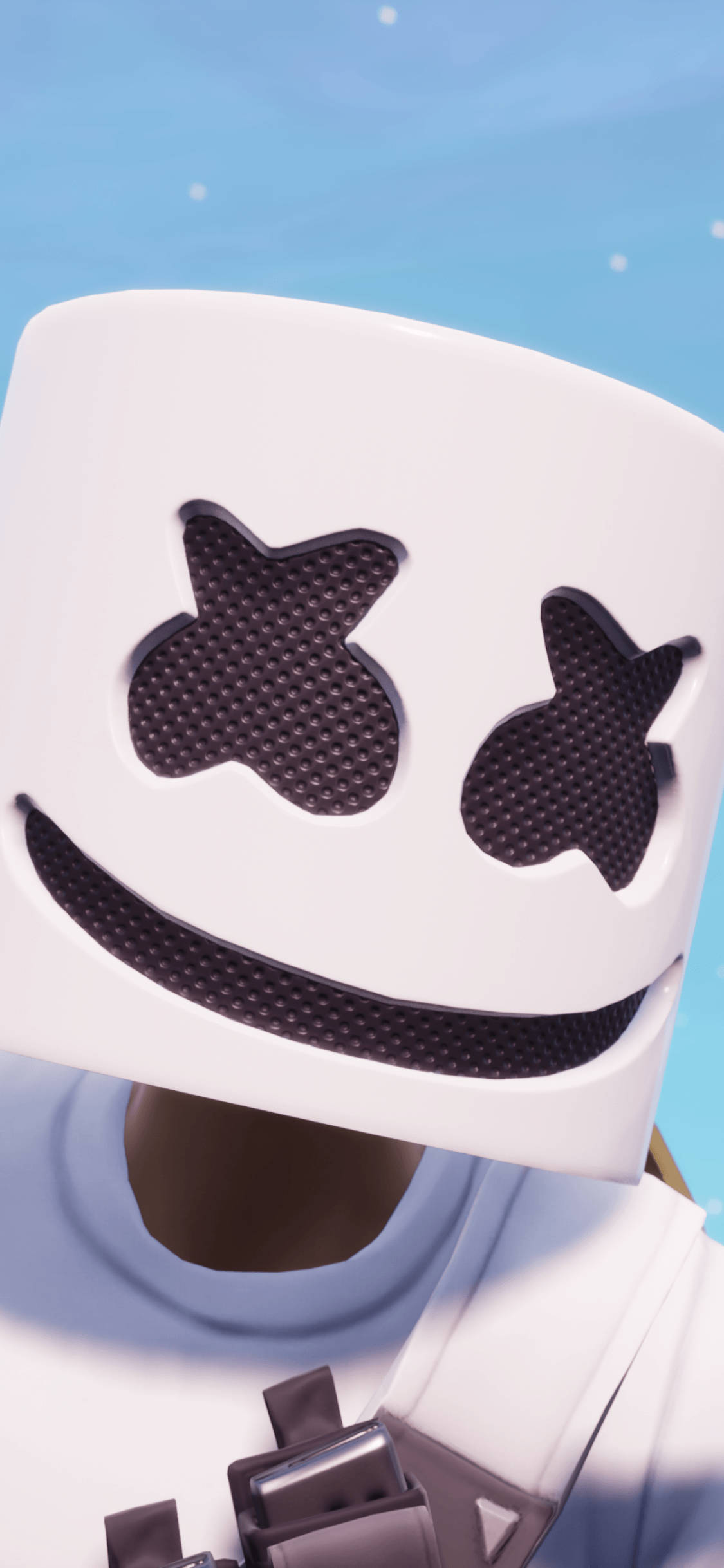 marshmello iPhone 桌布 壁紙 — Marshmello 標誌性白色頭盔的特寫，帶有黑色星形眼睛和微笑，背景是明亮的藍天。