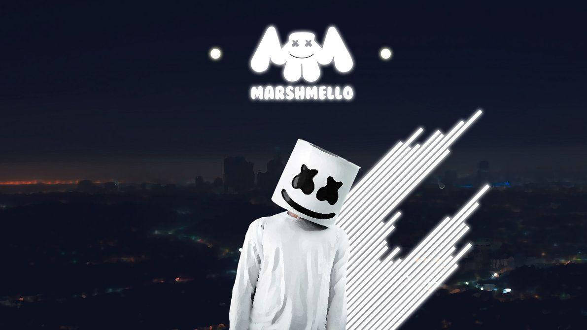 Marshmello 動態圖 桌布 壁紙 — Marshmello 站在夜晚的城市景觀之上，白色發光光束和他的標誌在黑暗的天空中。