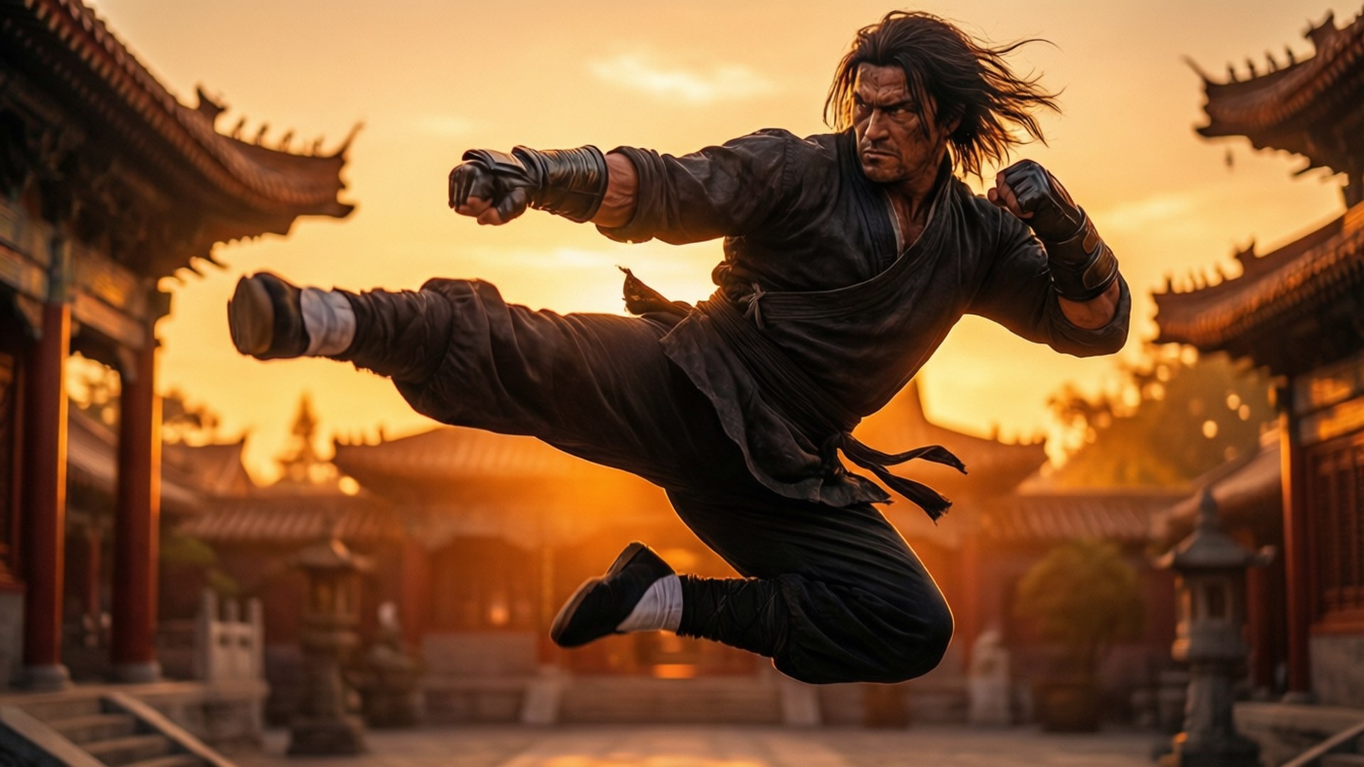 鐵拳 桌布 壁紙 — 一名武術家在傳統亞洲建築後的金色日落中凌空踢出強力一腳。