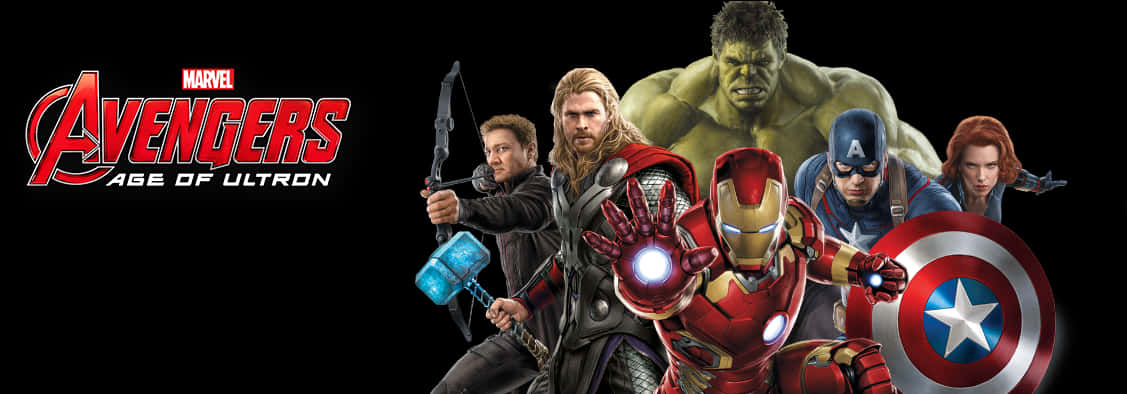 標誌 桌布 壁紙 — Marvel Avengers Age of Ultron 英雄們以動態姿勢站在黑色背景前，配以發光科技和標誌性武器。