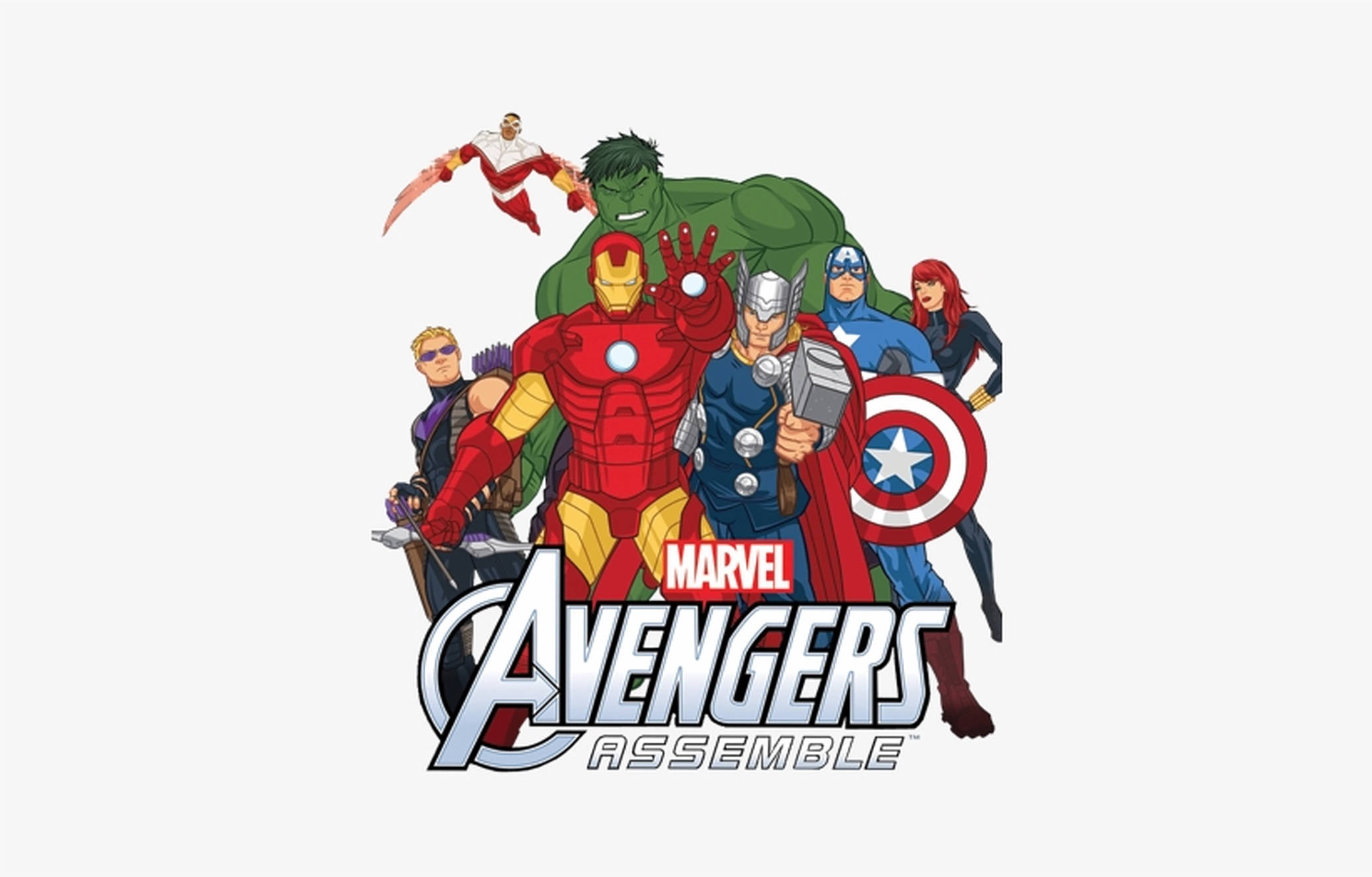 Assemble 桌布 壁紙 — Marvel Avengers Assemble 標誌，包含鋼鐵人、浩克和美國隊長等標誌性英雄在純色背景上英勇擺姿勢。