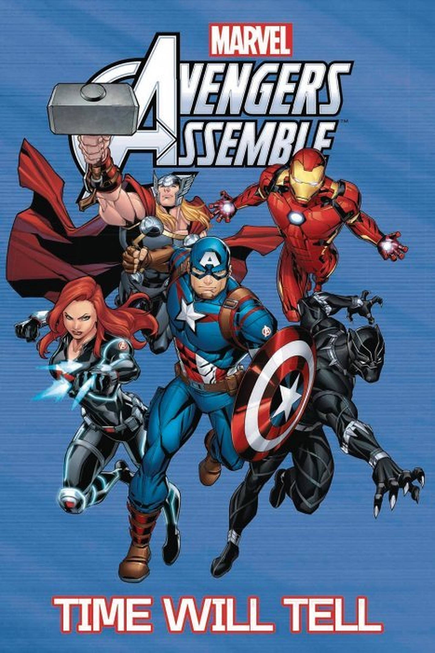 Assemble 桌布 壁紙 — Marvel Avengers Assemble 英雄以動感動作姿勢呈現在藍色背景上，帶有粗體標題和標語。