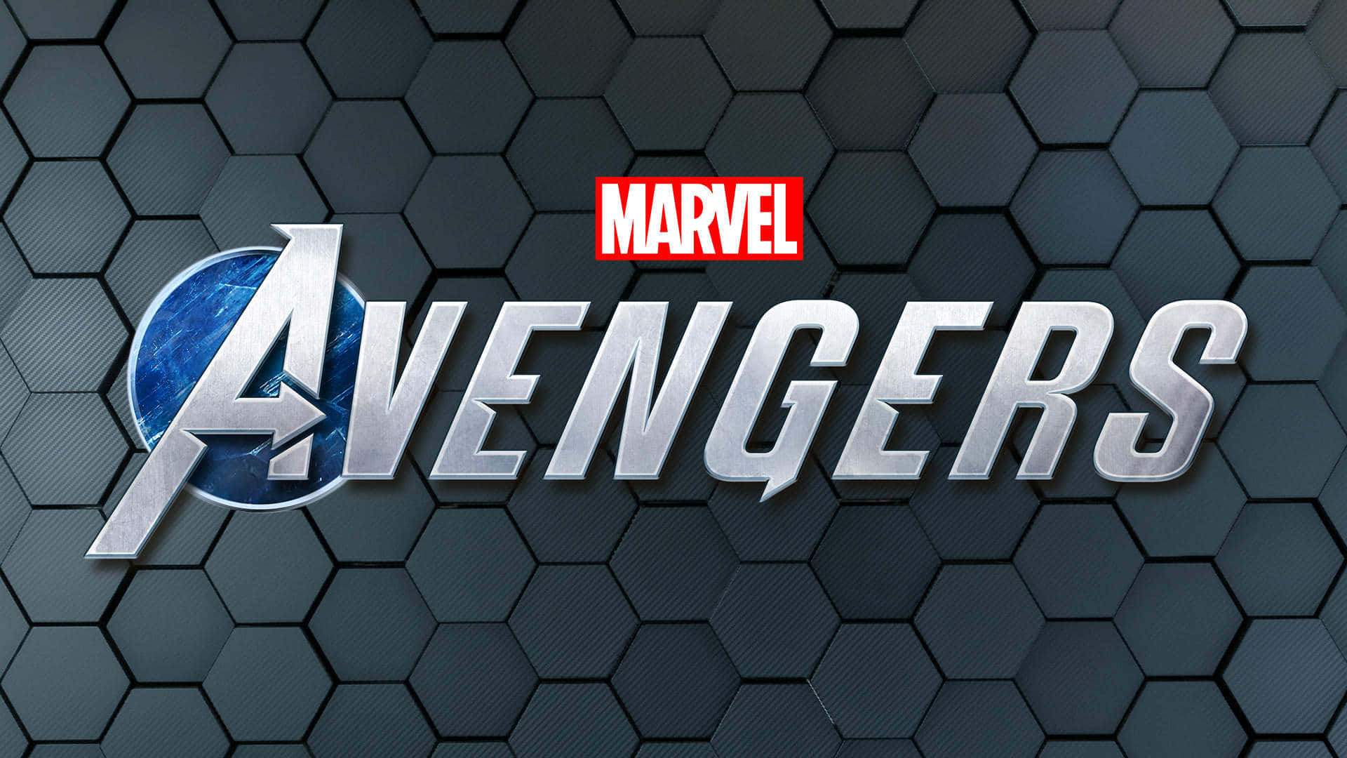 電玩遊戲 桌布 壁紙 — Marvel Avengers 標誌在深色六角形紋理背景上閃耀著金屬銀色。