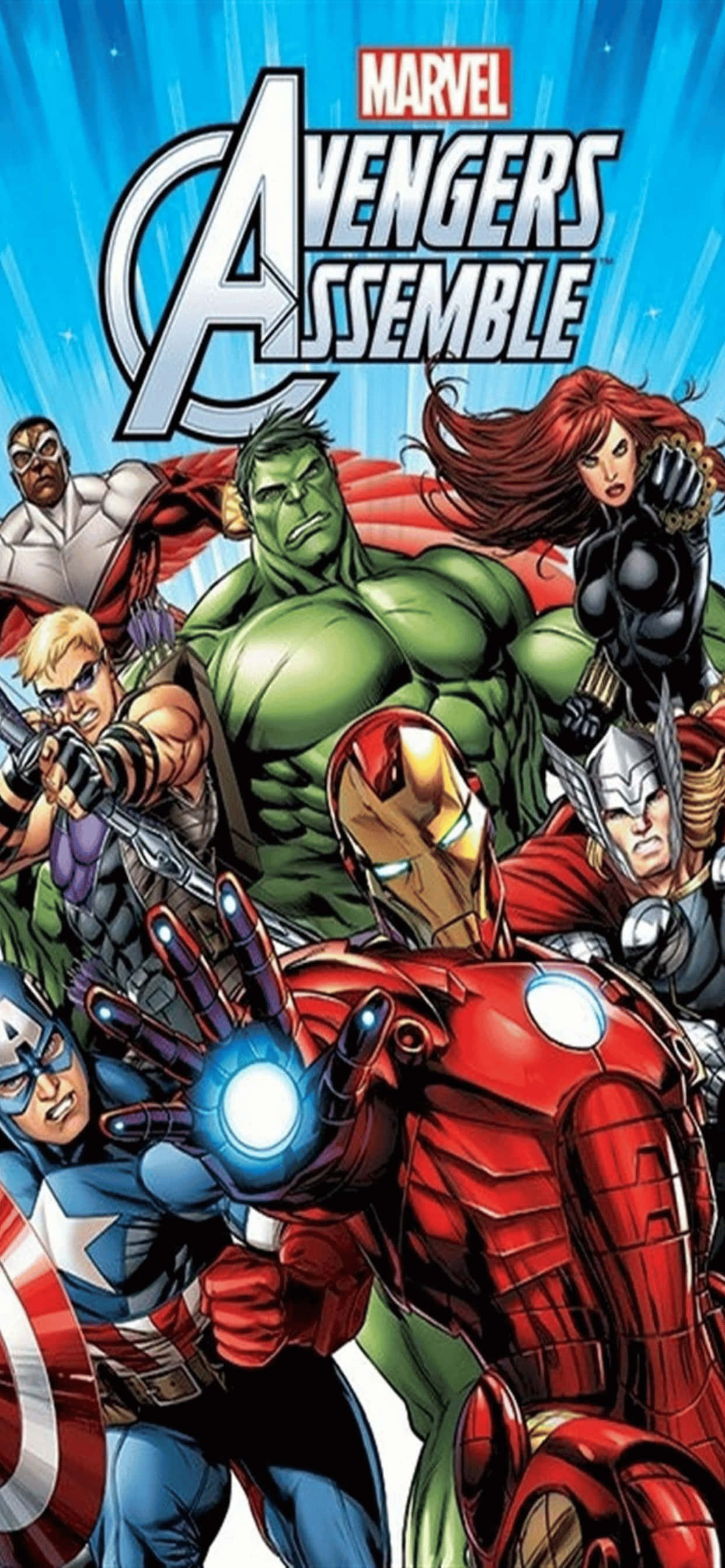 iPhone Xs Max Marvel 桌布 壁紙 — Marvel Avengers 以動感漫畫動作、大膽色彩和英雄姿態集結在藍色能量背景前。