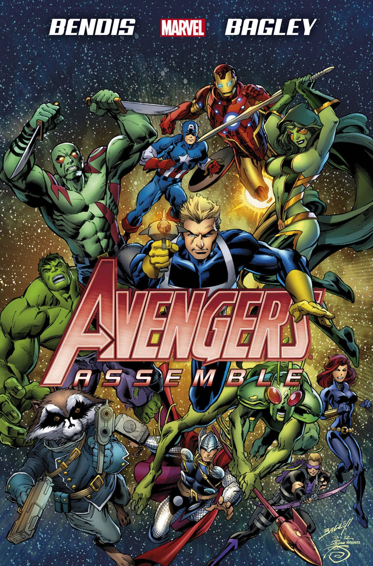 Assemble 桌布 壁紙 — Marvel Avengers 以動感姿勢聚集在星光宇宙背景下，帶有粗體紅色標題。