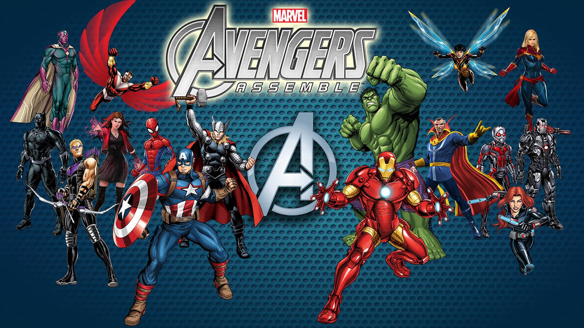 Assemble 桌布 壁紙 — Marvel Avengers 與 Iron Man、Hulk 和 Captain America 等標誌性英雄一起，在藍色紋理背景上動態擺姿勢集結。