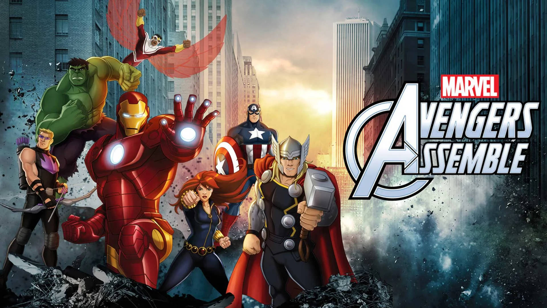 Assemble 桌布 壁紙 — Marvel Avengers 在一個動態的城市戰鬥場景中集結，超級英雄們站在城市廢墟和碎片之中。