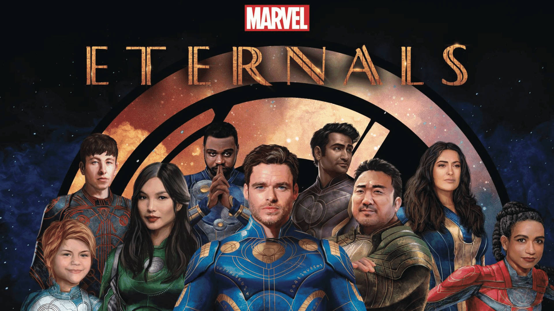 Eternals 桌布 壁紙 — Marvel Eternals 電影海報，八位超級英雄身穿宇宙盔甲，站在發光的圓形傳送門前，背景是星空太空。