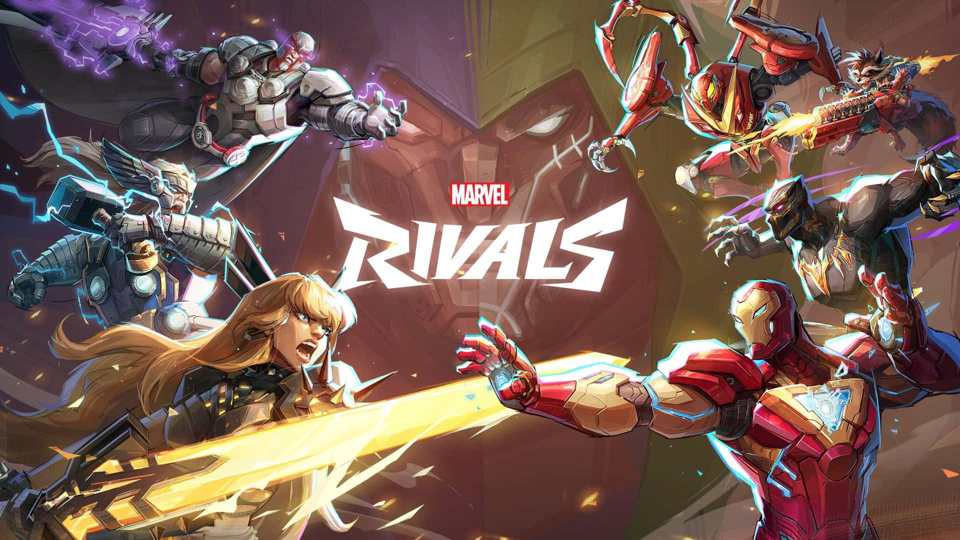  壁紙 — Marvel Rivals 遊戲藝術， featuring Iron Man 和其他英雄以動態戰鬥姿勢呈現，帶有發光能量效果。