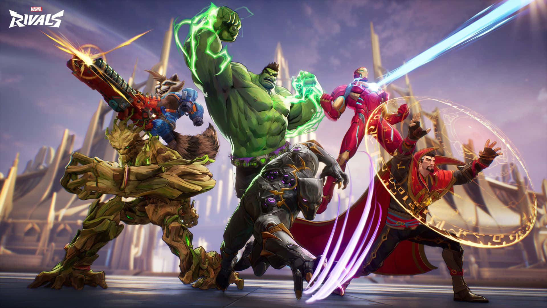  壁紙 — Marvel Rivals 英雄如 Hulk 和 Groot 在未來城市中使用發光的能量武器和動態姿勢戰鬥。