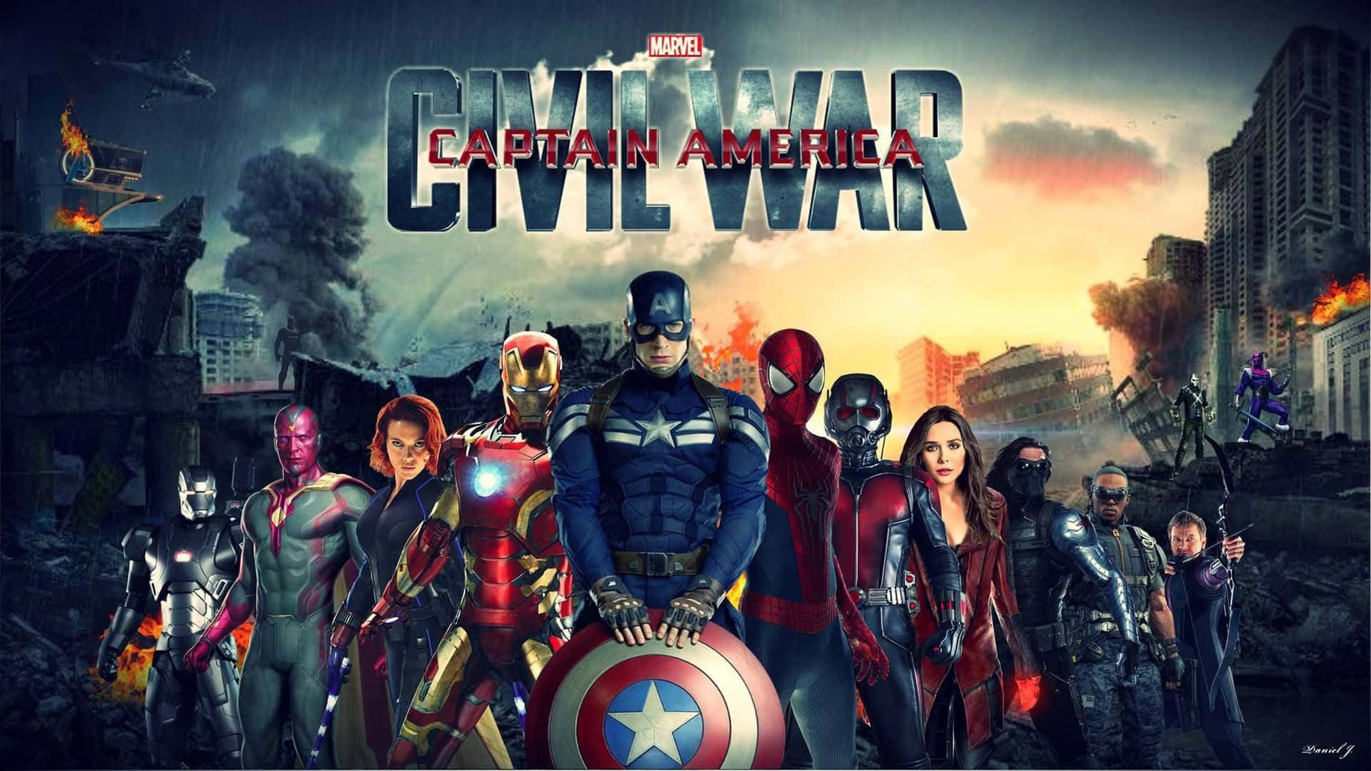 Captain America Movie 桌布 壁紙 — Marvel's 美國隊長3：英雄內戰海報顯示英雄們在煙霧和火焰的戰爭蹂躪城市中挑釁地站立。