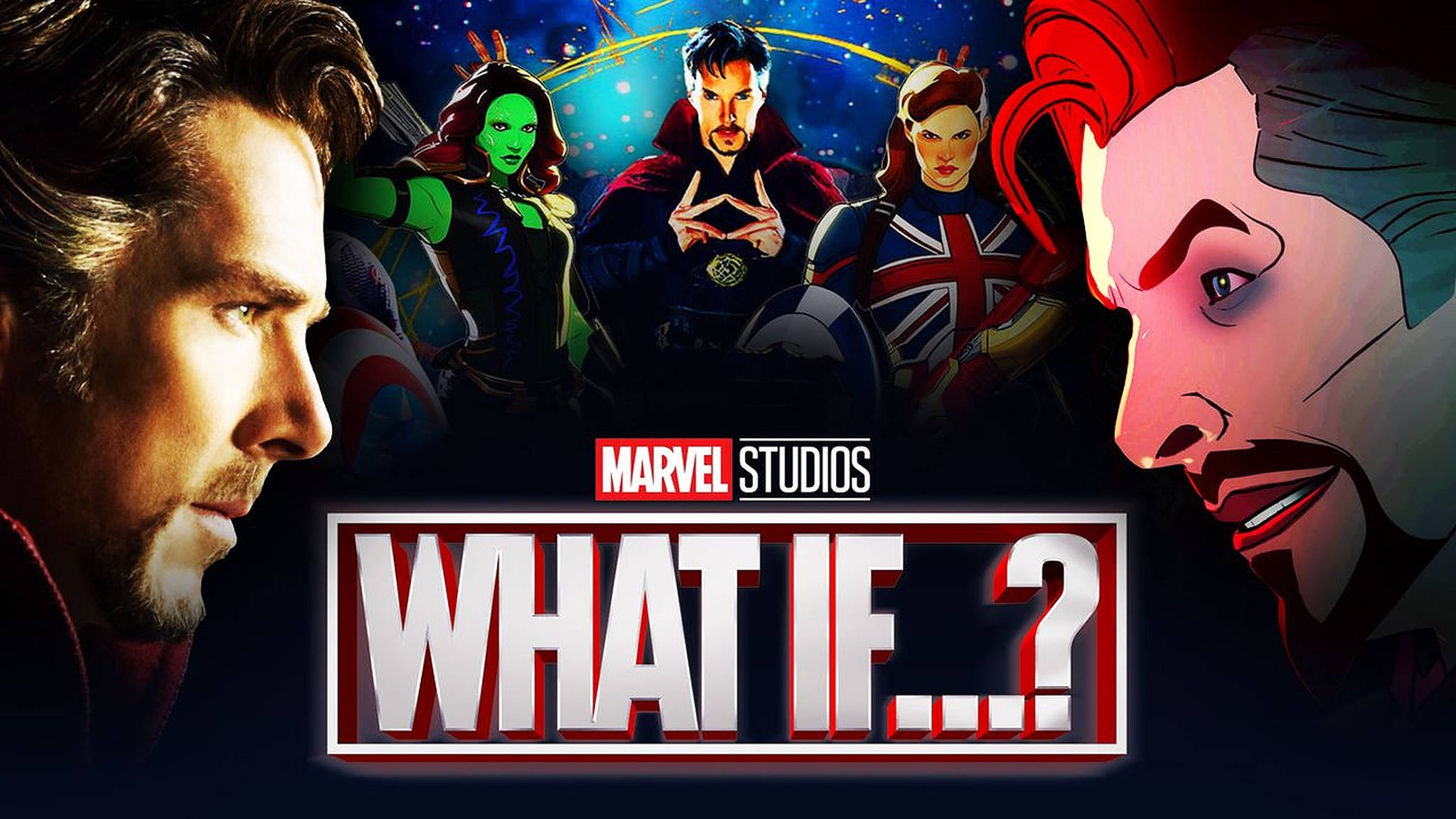Marvel What If 桌布 壁紙 — Marvel Studios《What If...?》海報，展示奇異博士及來自平行宇宙的英雄，搭配戲劇性的電影燈光。