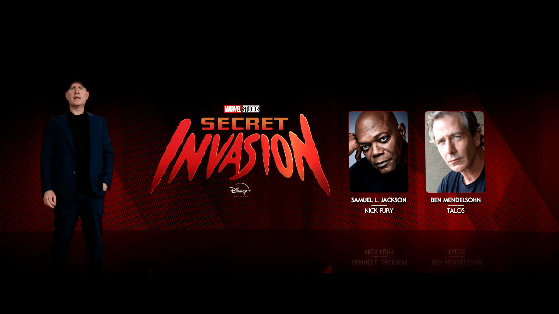 Secret Invasion 桌布 壁紙 — Marvel Studios《秘密入侵》宣傳海報，以深紅色背景搭配粗體紅色標題文字，展示尼克·福瑞和塔羅斯。