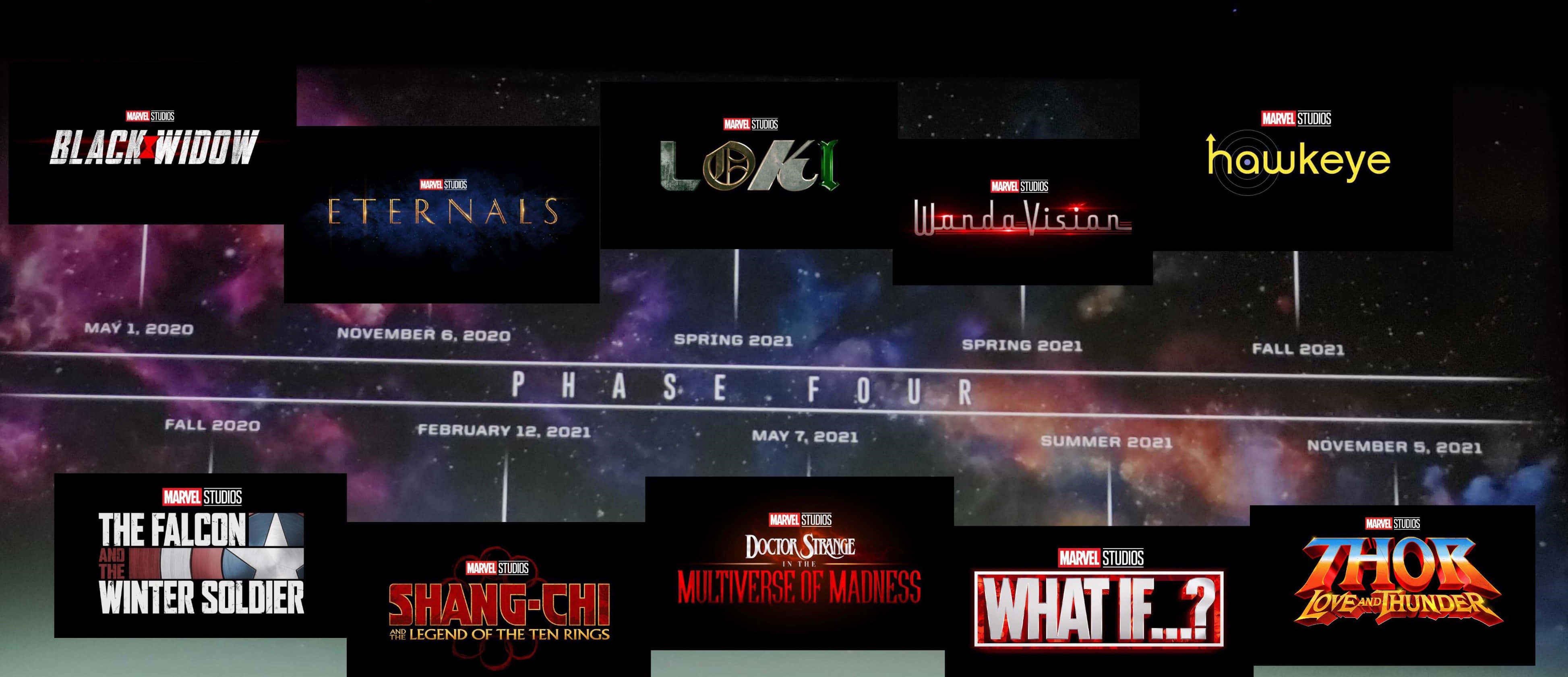 Mcu Phase Four 桌布 壁紙 — Marvel Studios 第四階段上映時間表海報，電影名稱和日期以宇宙星空背景呈現。