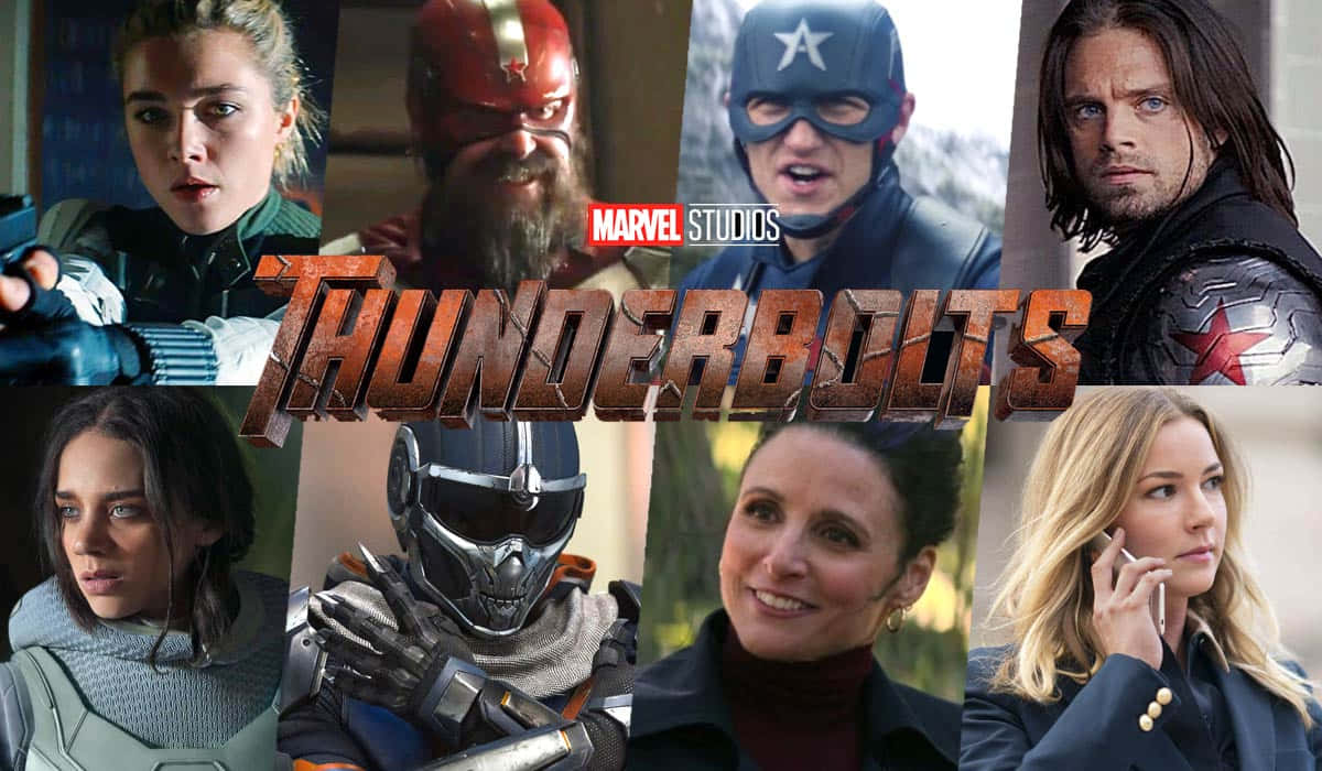 Thunderbolts 桌布 壁紙 — Marvel Studios 雷霆特攻隊角色的拼貼畫，包括美國隊長和酷寒戰士以英雄姿態出現。