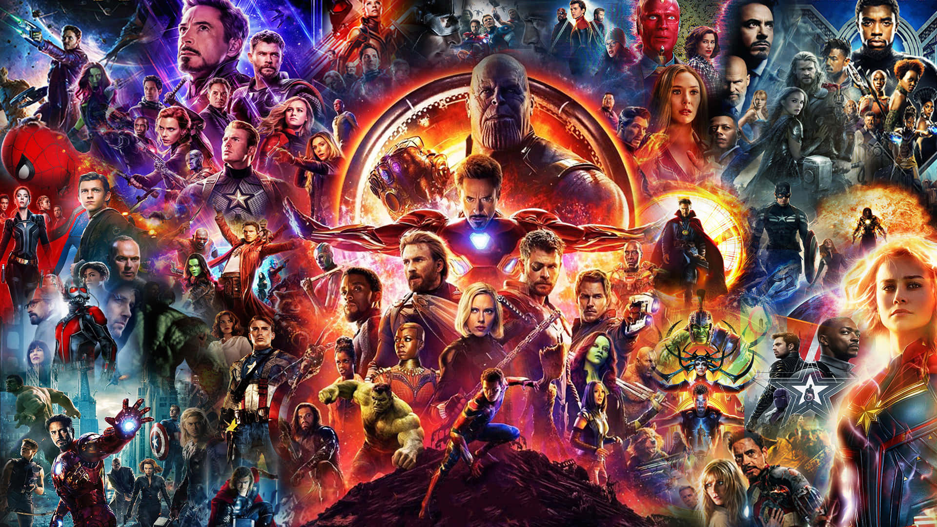 壁紙 — 一幅充滿活力的Marvel超級英雄與反派拼貼畫，以動態姿勢呈現於宇宙背景之上。