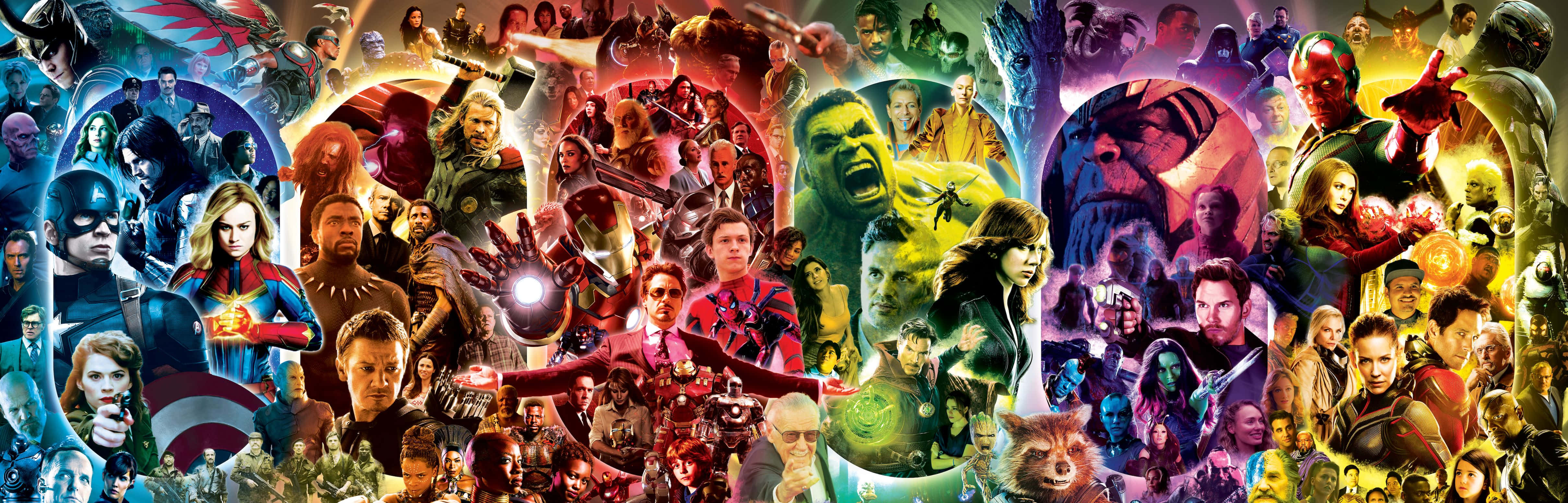  壁紙 — 一幅充滿活力的Marvel超級英雄與反派拼貼畫，以動態姿勢呈現在色彩繽紛的發光背景前。