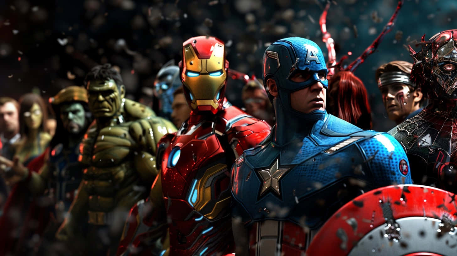  壁紙 — 包括鋼鐵人和美國隊長在內的Marvel超級英雄英勇列陣，在飛揚的碎片中準備戰鬥。