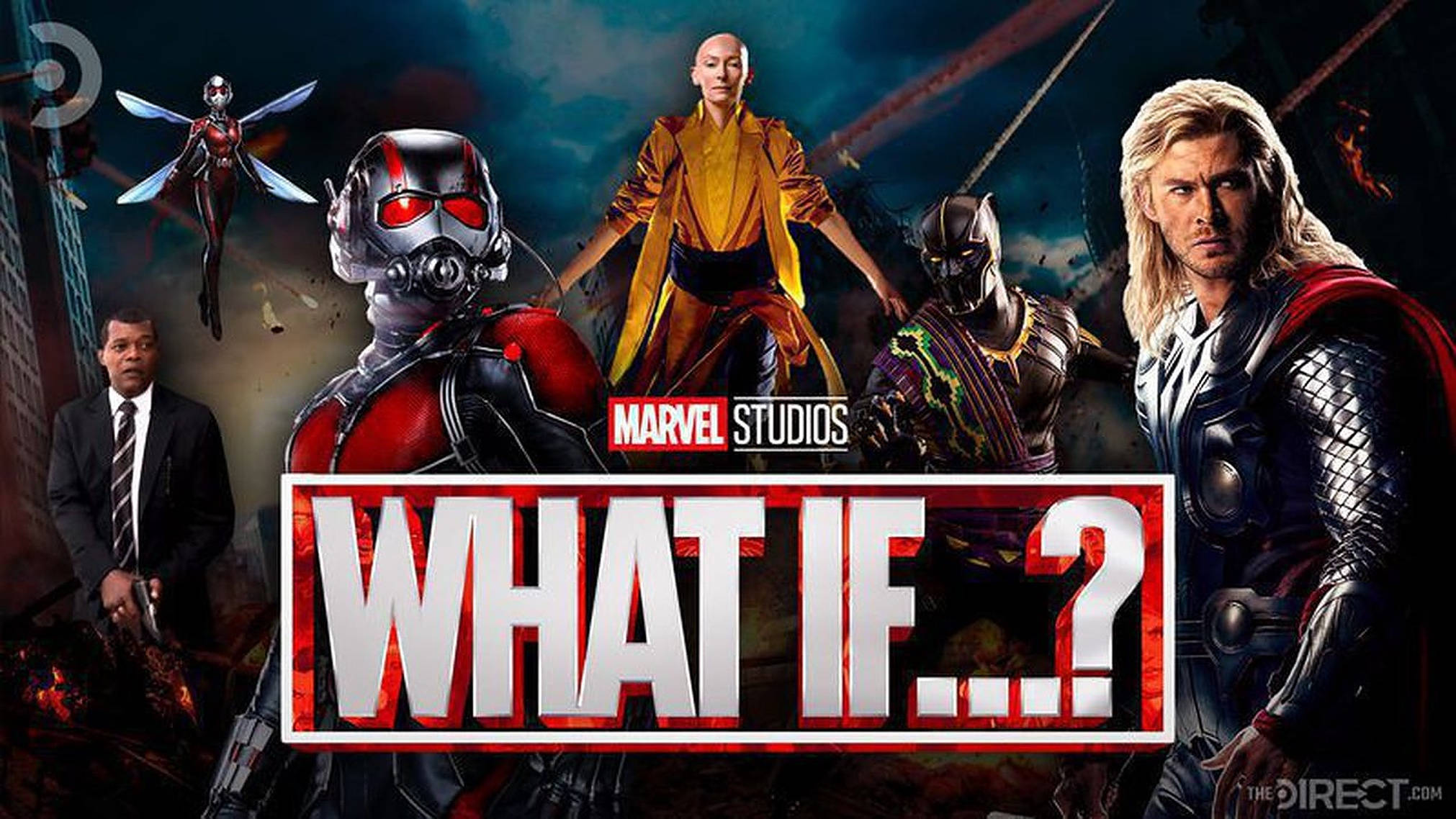 漫威假如 桌布 壁紙 — Marvel What If...? 海報，以 Ant-Man、Wasp、Thor、Black Panther 和 Wong 在黑暗宇宙背景下擺出戲劇性姿勢。