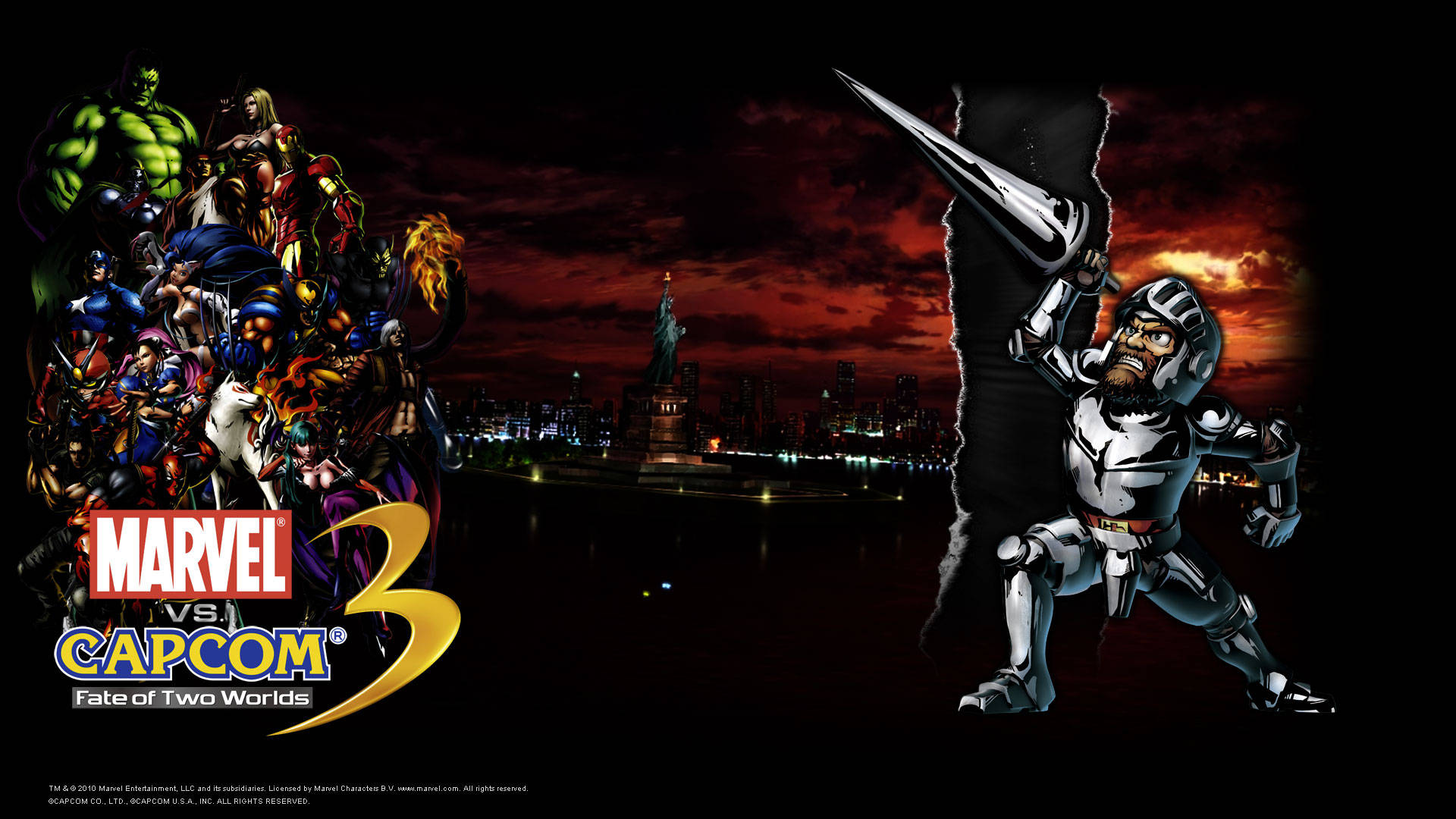 Capcom 桌布 壁紙 — Marvel 和 Capcom 的英雄們在日落時分與一個金屬戰士在黑暗的城市天際線上激烈交鋒。