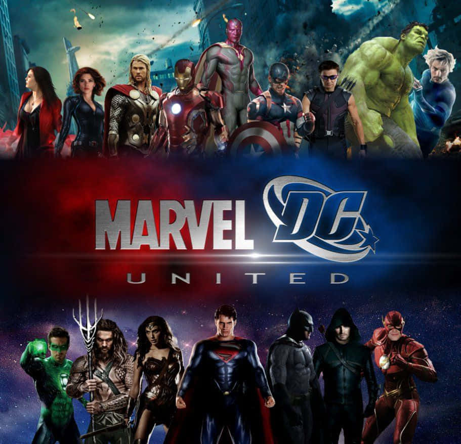 Justice League Unlimited 桌布 壁紙 — Marvel 和 DC 的超級英雄在一個戲劇性的電影海報中團結一致，背景是宇宙和城市。