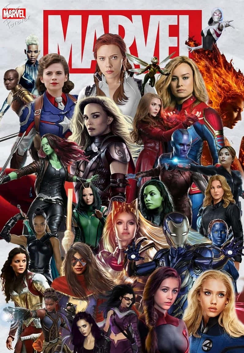 復仇者聯盟 桌布 壁紙 — Marvel 女性超級英雄的動態拼貼畫，穿著大膽的服裝，在紅色和白色的品牌背景前英勇地擺姿勢。