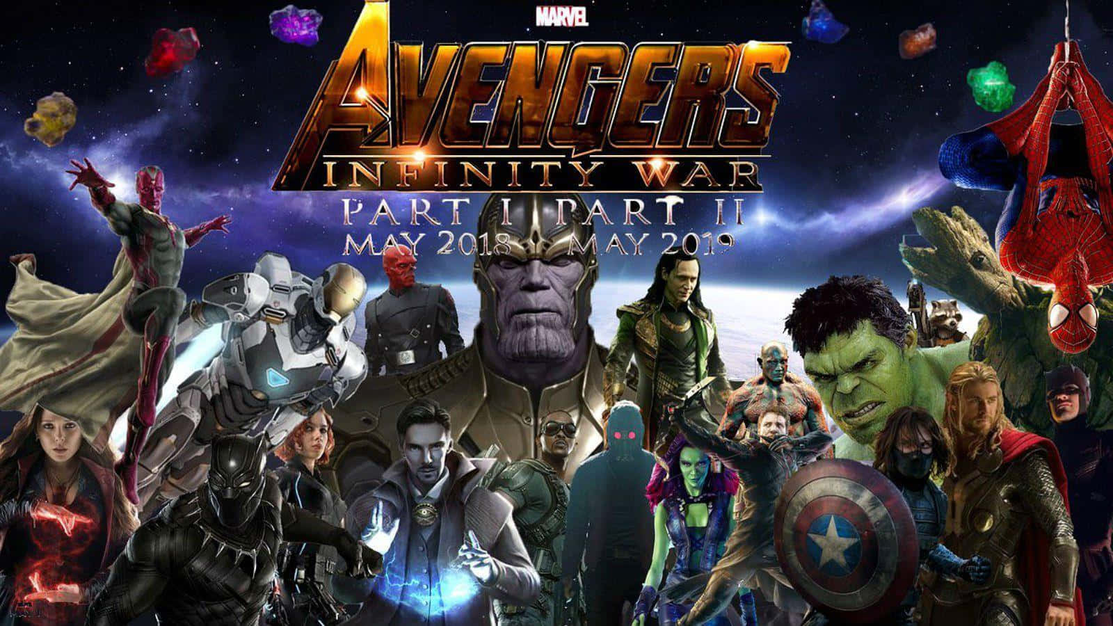 New Avengers 桌布 壁紙 — Marvel《復仇者聯盟3：無限之戰》海報，英雄與反派在宇宙背景下，漂浮寶石環繞。
