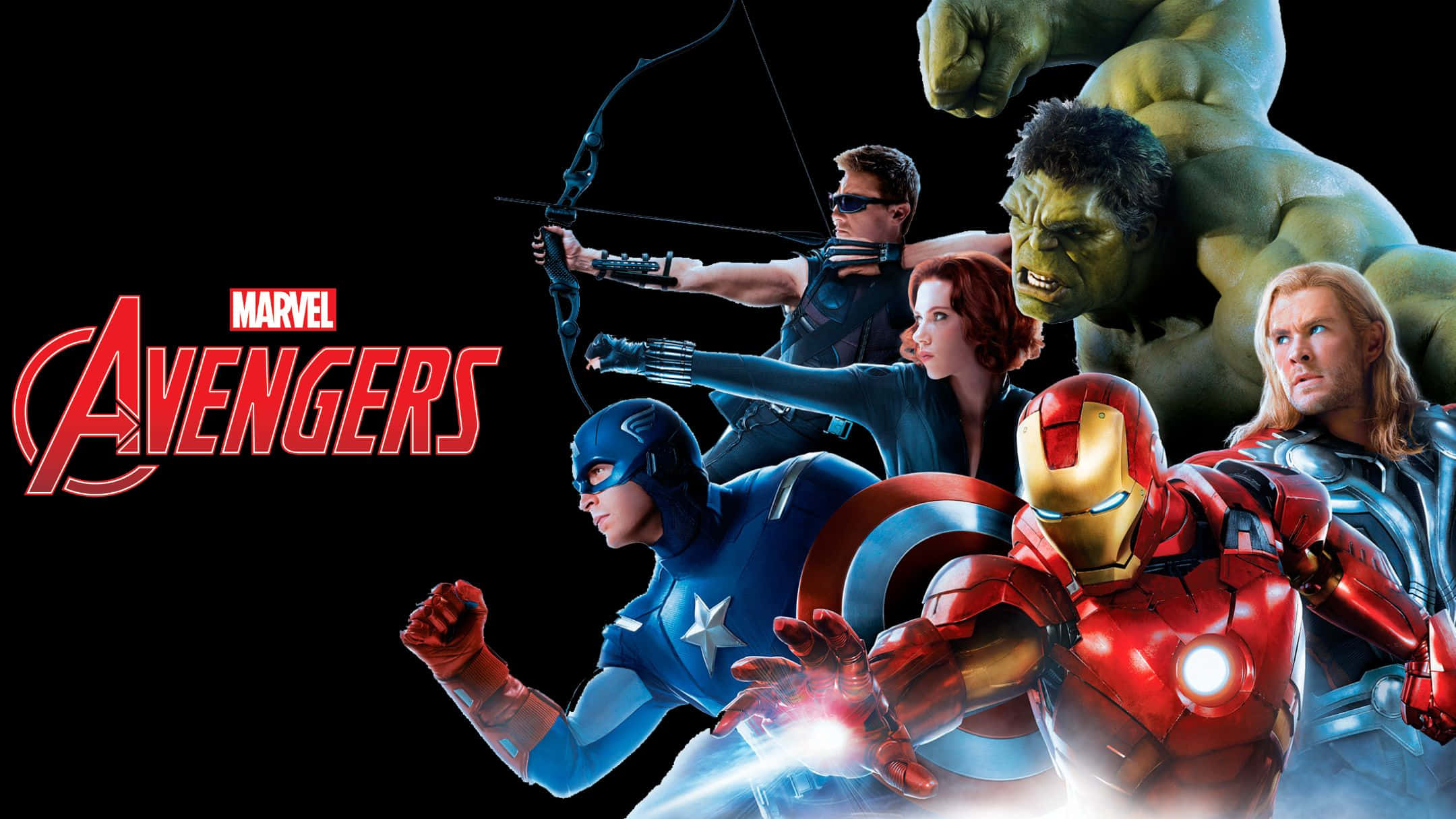 Best Marvel 桌布 壁紙 — Marvel 復仇者聯盟團隊在黑色背景上動態擺姿勢，眼睛發光，姿態英勇。