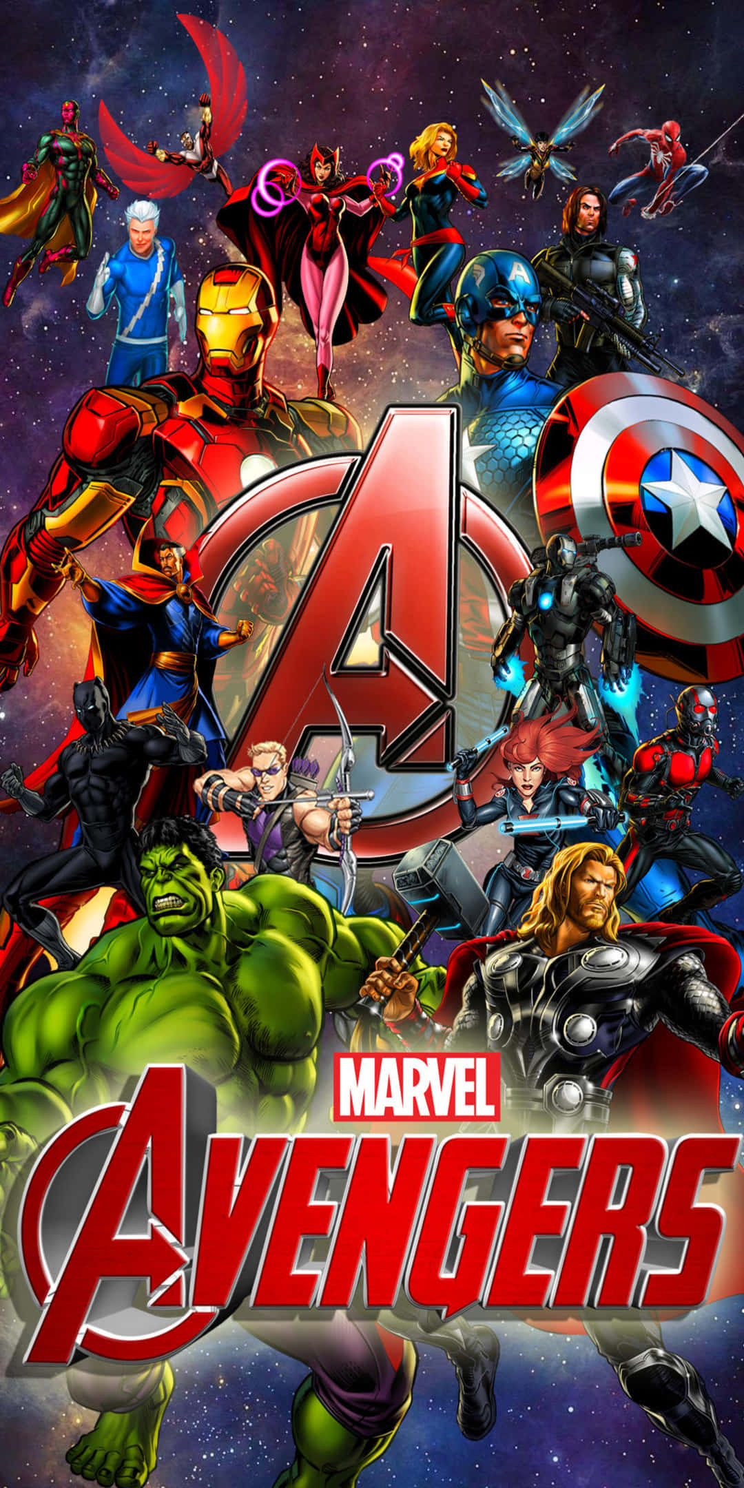 復仇者聯盟 桌布 壁紙 — Marvel 復仇者聯盟的超級英雄以動感姿勢站在宇宙星空背景前，並帶有標誌性的團隊標誌。