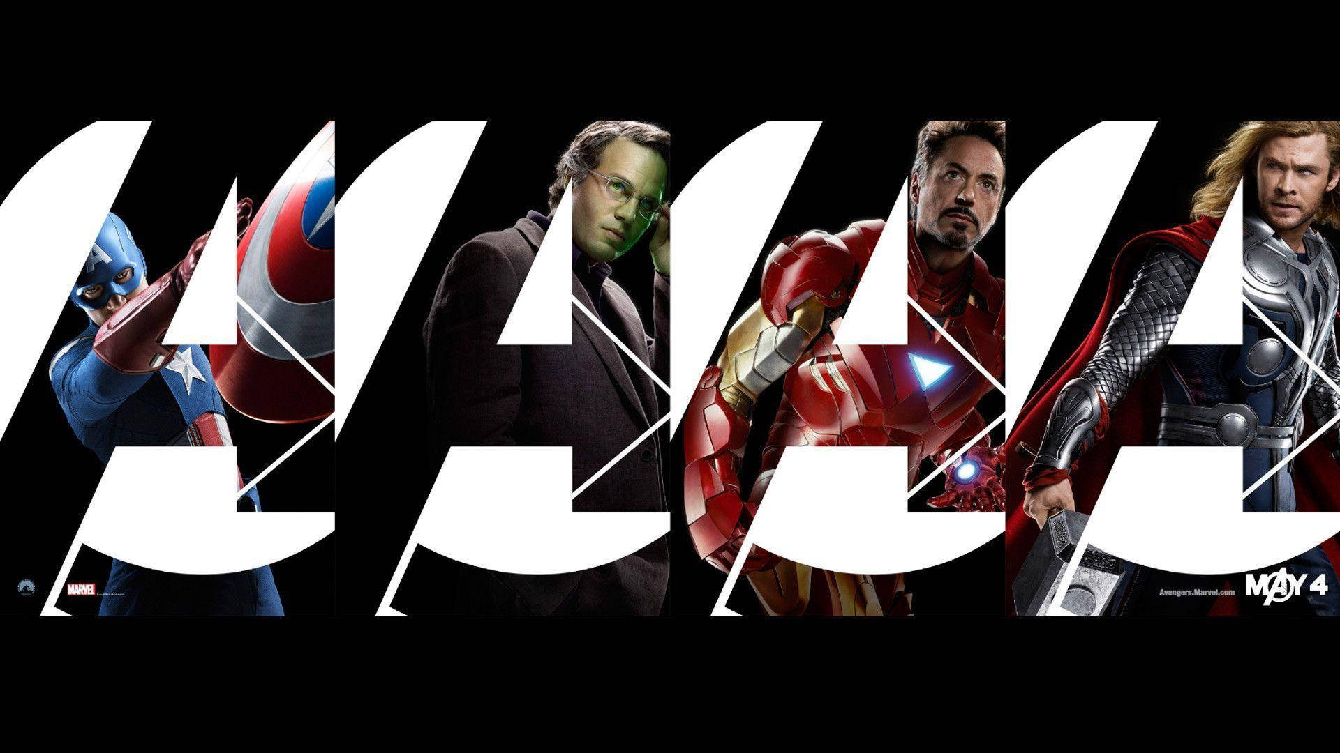 復仇者聯盟標誌 桌布 壁紙 — Marvel 復仇者聯盟角色以粗體白色字體框在黑色背景上。