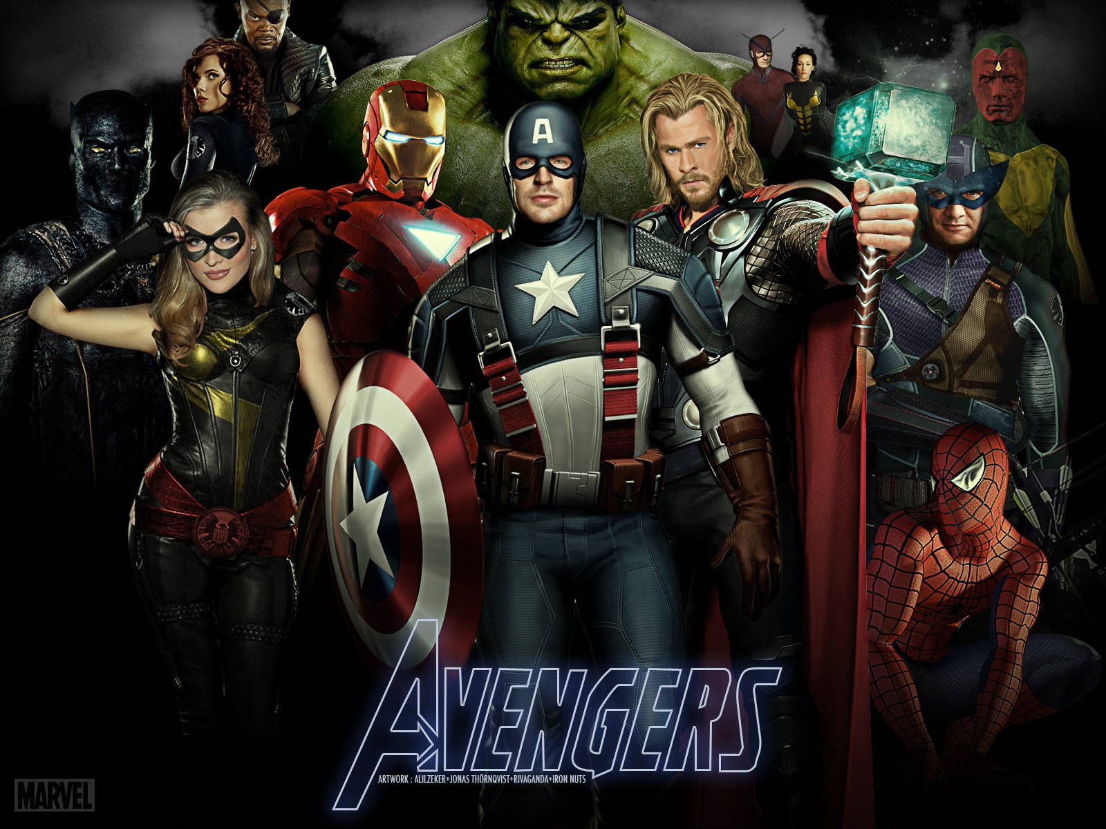 桌布 壁紙 — Marvel 復仇者聯盟超級英雄的戲劇性群像，在黑暗暴風雨背景下擺出動態姿勢。