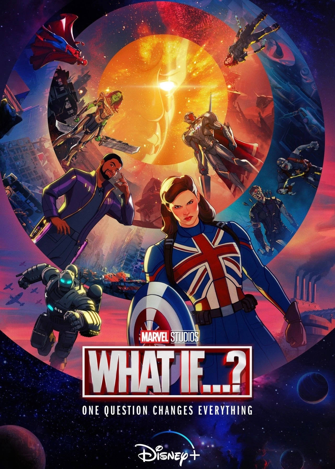 漫威假如 桌布 壁紙 — Marvel《無限可能：假如…？》的鮮豔動畫海報，以英國隊長為中心，其他來自不同宇宙的英雄在宇宙太陽周圍飛翔。