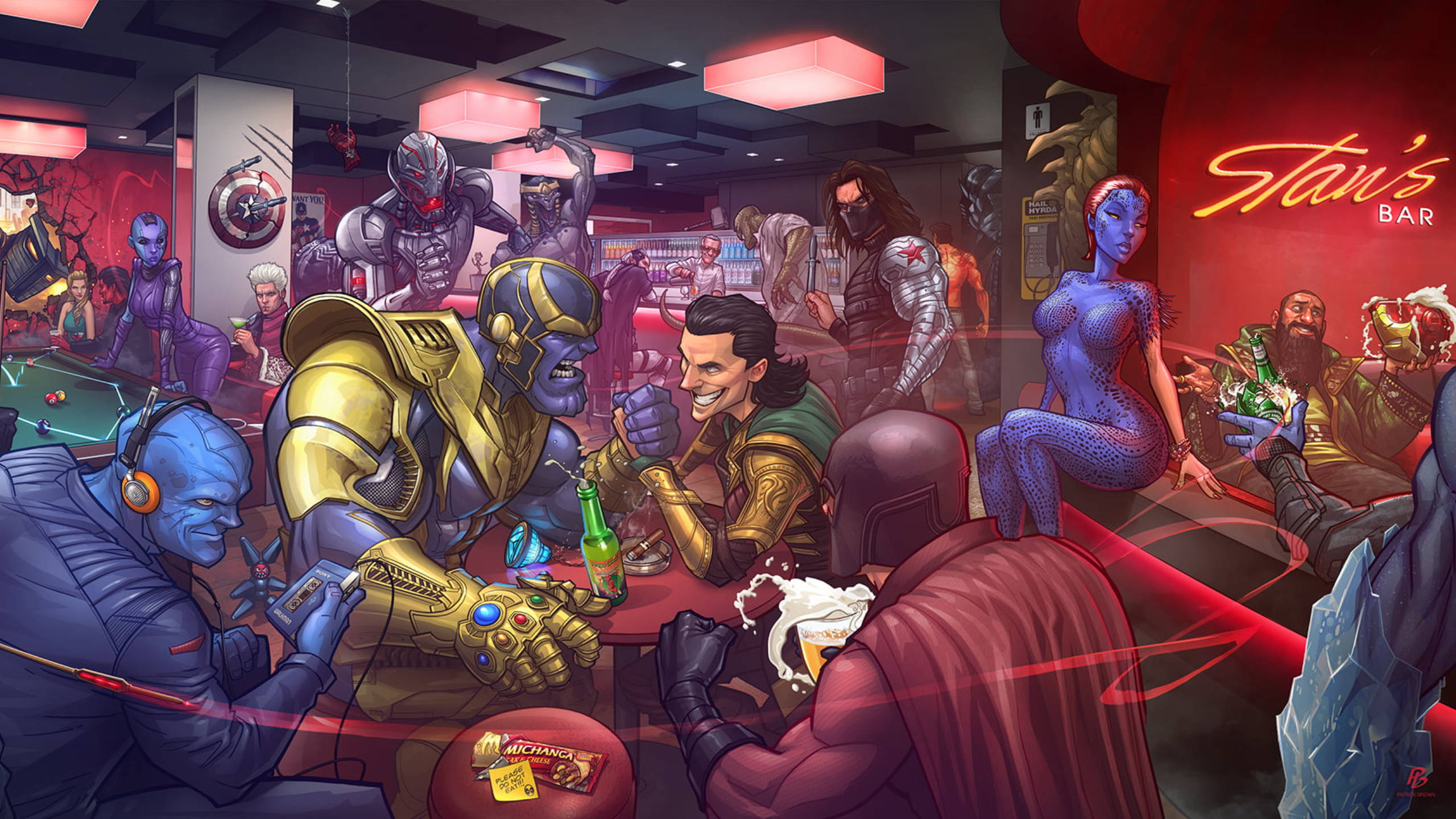 洛基 桌布 壁紙 — Marvel 超級英雄和反派在一個霓虹燈光、紅色照明和遊戲桌的酒吧中社交。
