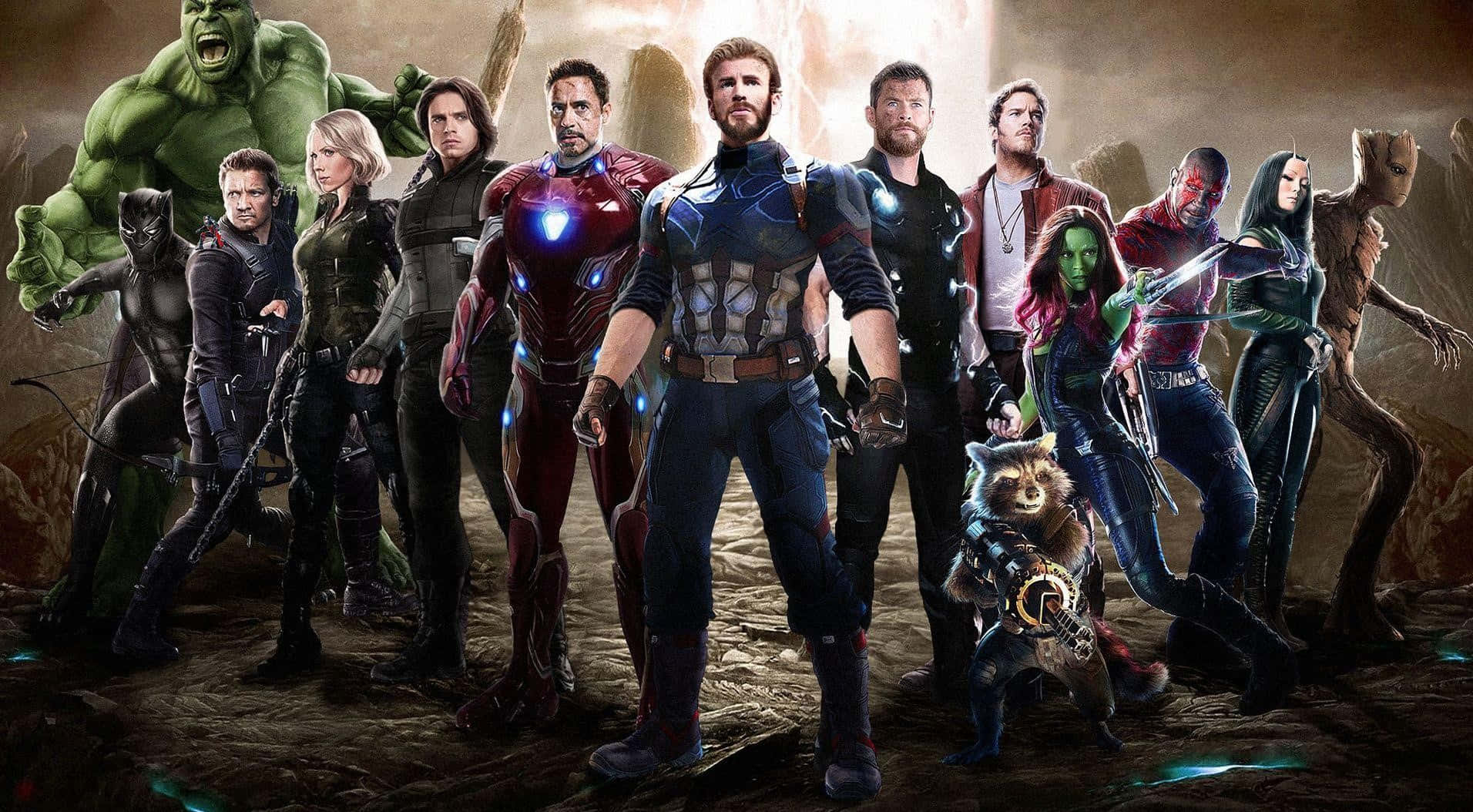復仇者聯盟 桌布 壁紙 — Marvel 超級英雄和外星人的英雄陣容在戲劇性的燈光下，準備在崎嶇的岩石地形中戰鬥。