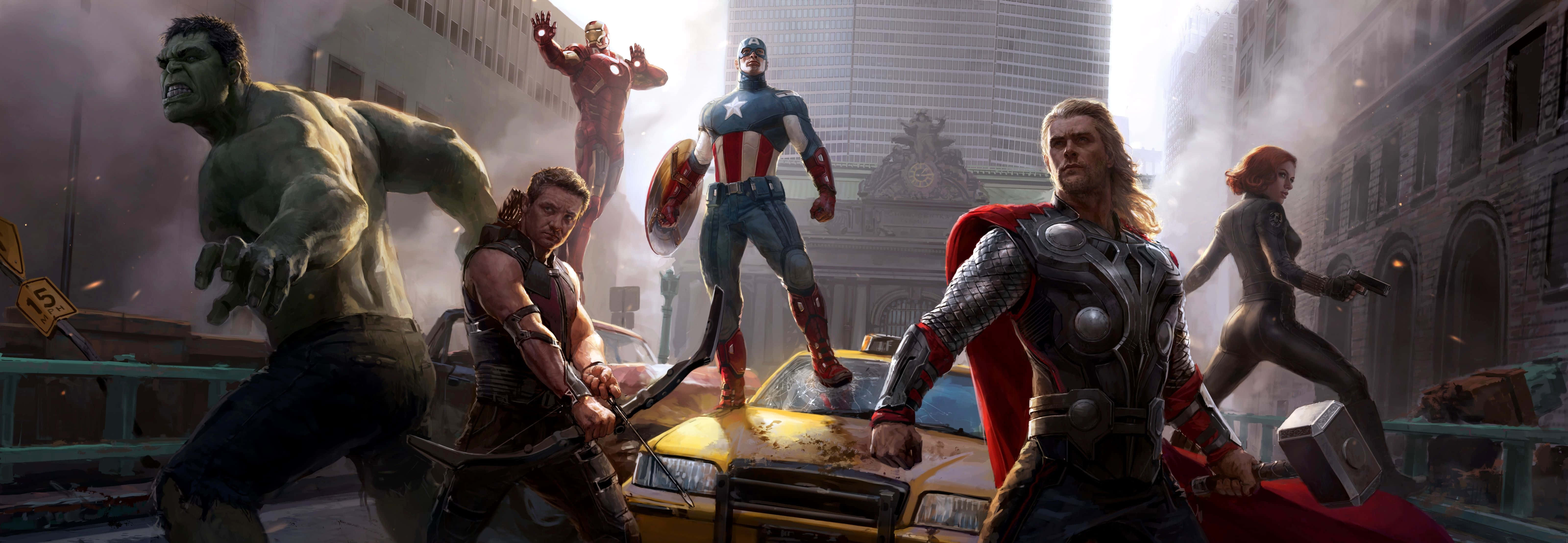 漫威 桌布 壁紙 — Marvel 超級英雄在充滿煙霧和瓦礫的城市街道上與一輛黃色的計程車戰鬥。